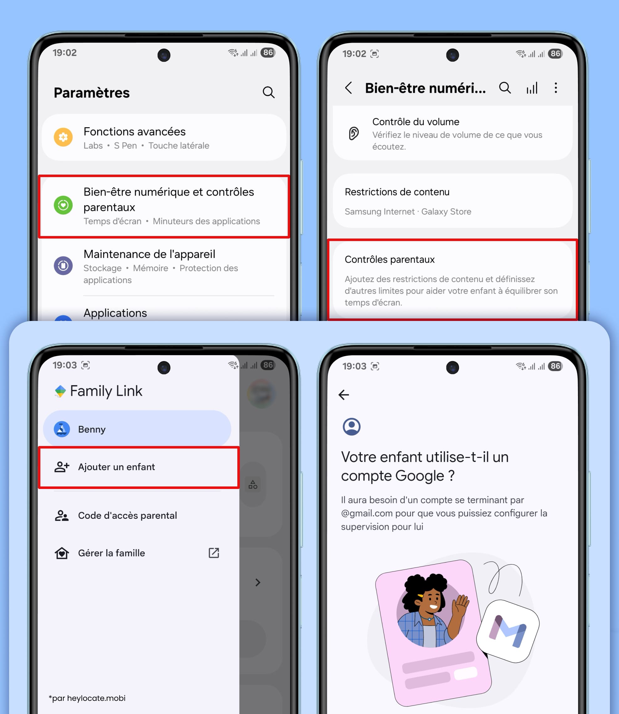 Ouvrez Paramètres, allez dans Bien-être numérique et contrôle parental, sélectionnez Contrôle parental, appuyez sur Ajouter un enfant dans l’application Family Link et confirmez que votre enfant possède un compte Google.