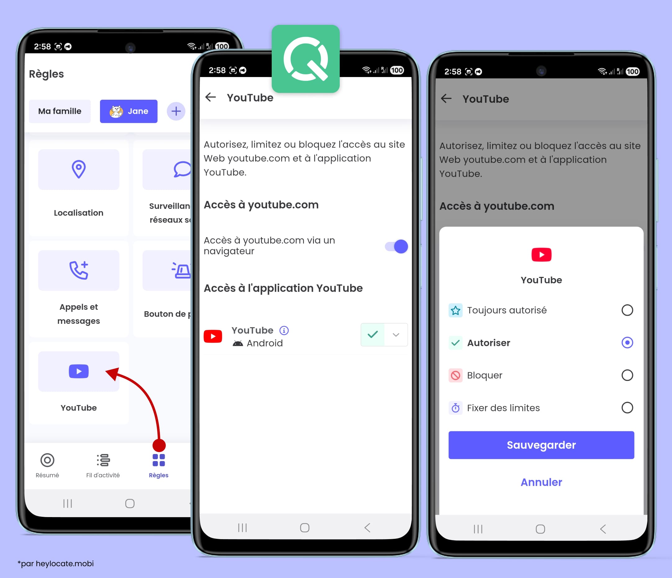 Ouvrez la section « Règles », sélectionnez YouTube, puis choisissez l’appareil et définissez le mode d’accès souhaité.