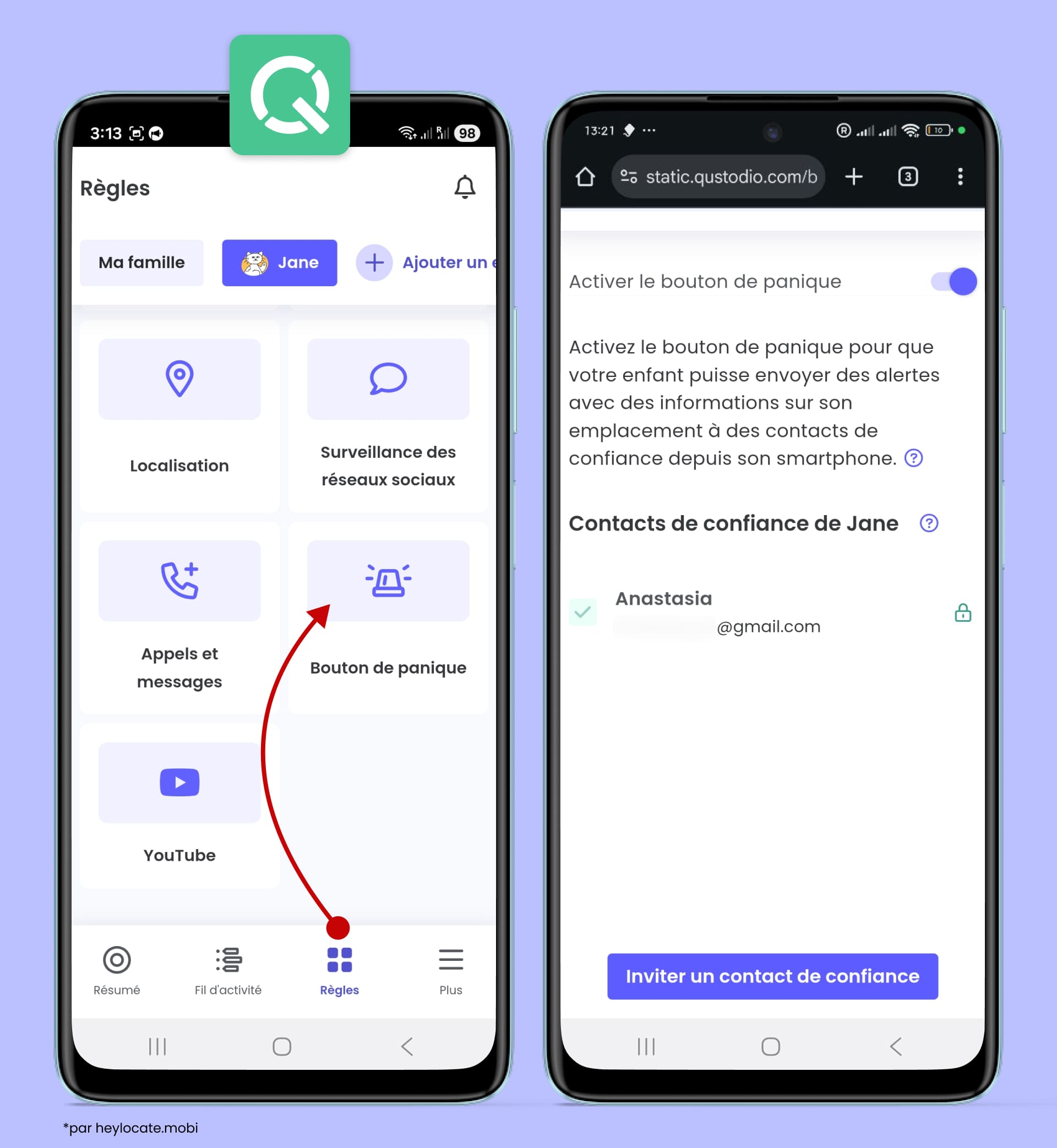 Appuyez sur « Bouton panique » dans la section « Règles » pour ouvrir un écran avec des instructions et des paramètres du bouton d’urgence.