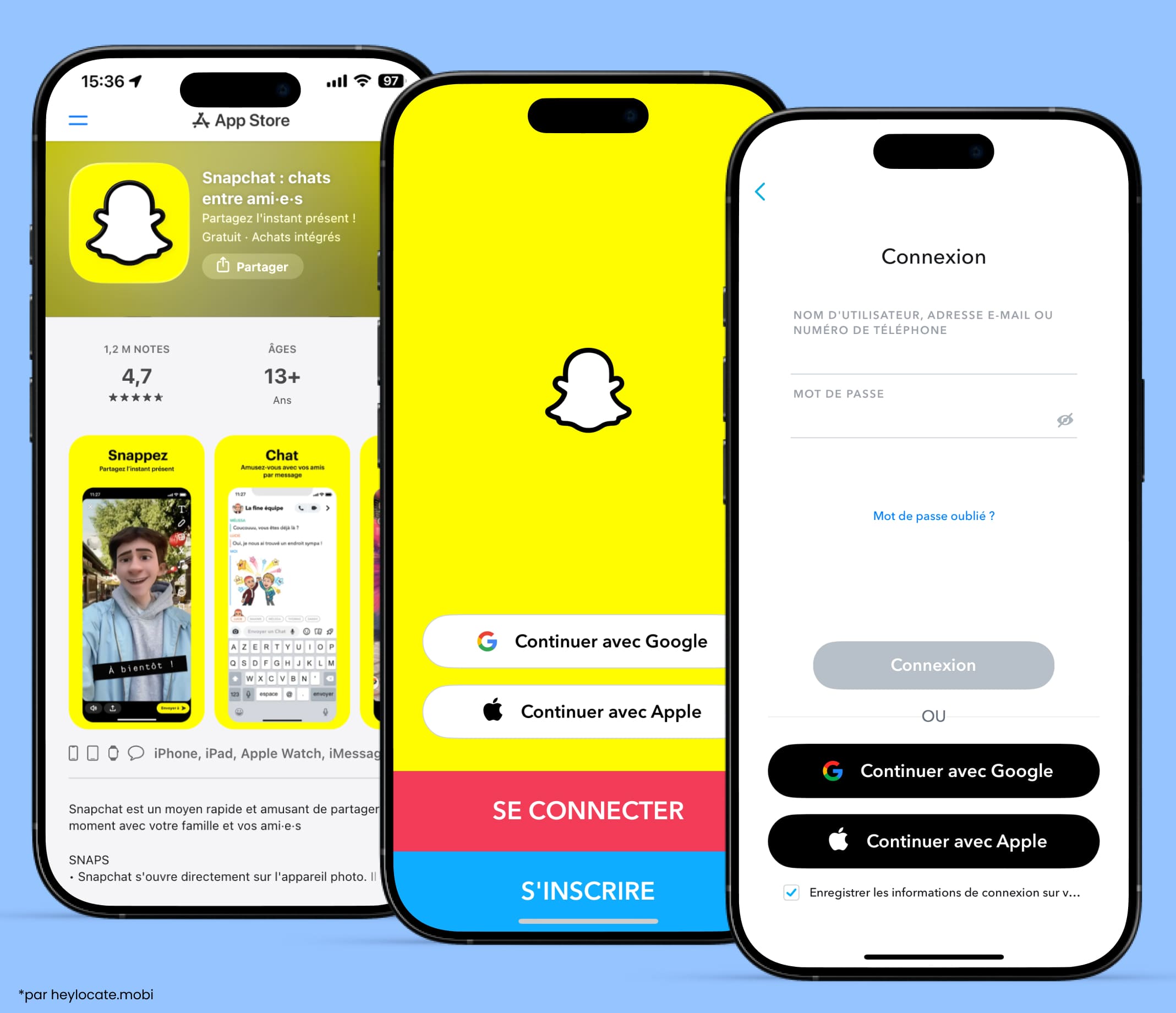 Écrans d’installation de Snapchat, de connexion au compte et d’inscription d’un nouvel utilisateur.