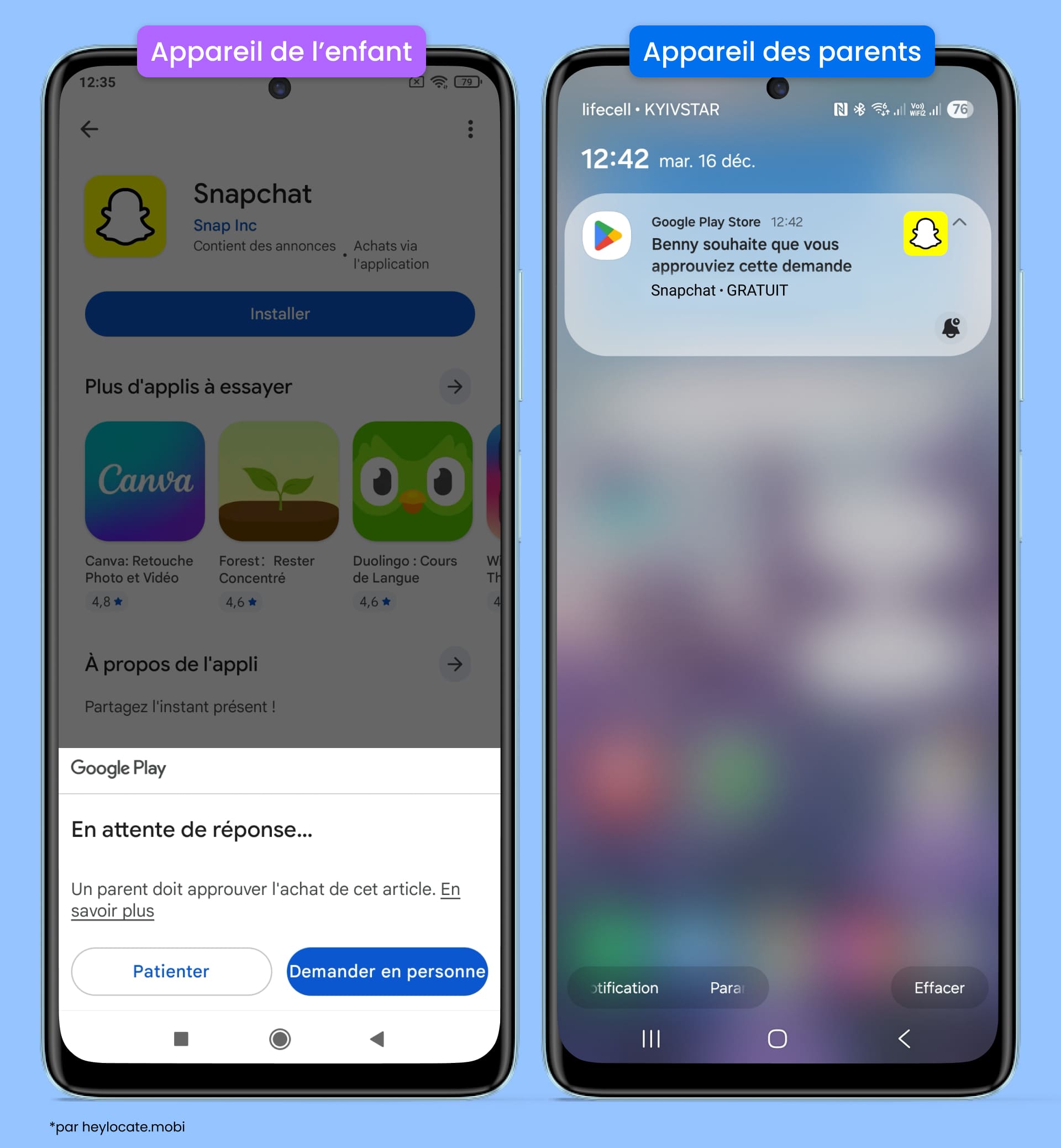 Notification envoyée aux parents concernant la demande de l’enfant d’installer Snapchat sur Google Play.