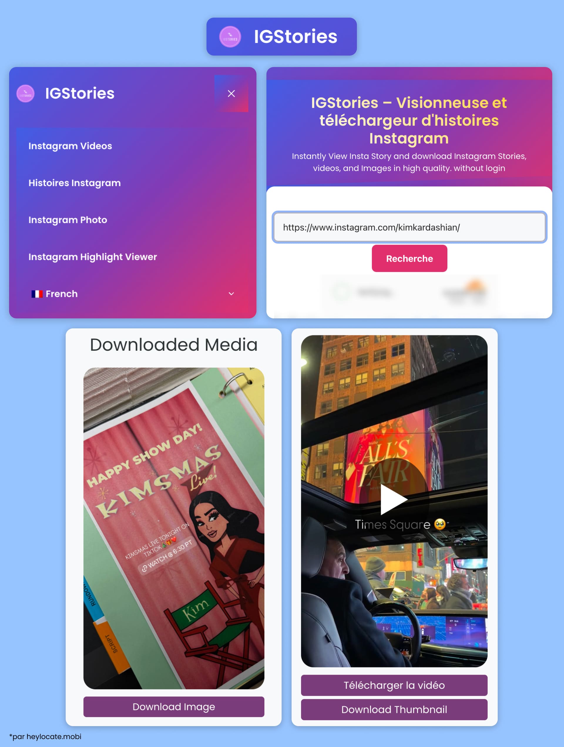Interface d’IGStories avec menu, recherche de profil et médias importés.