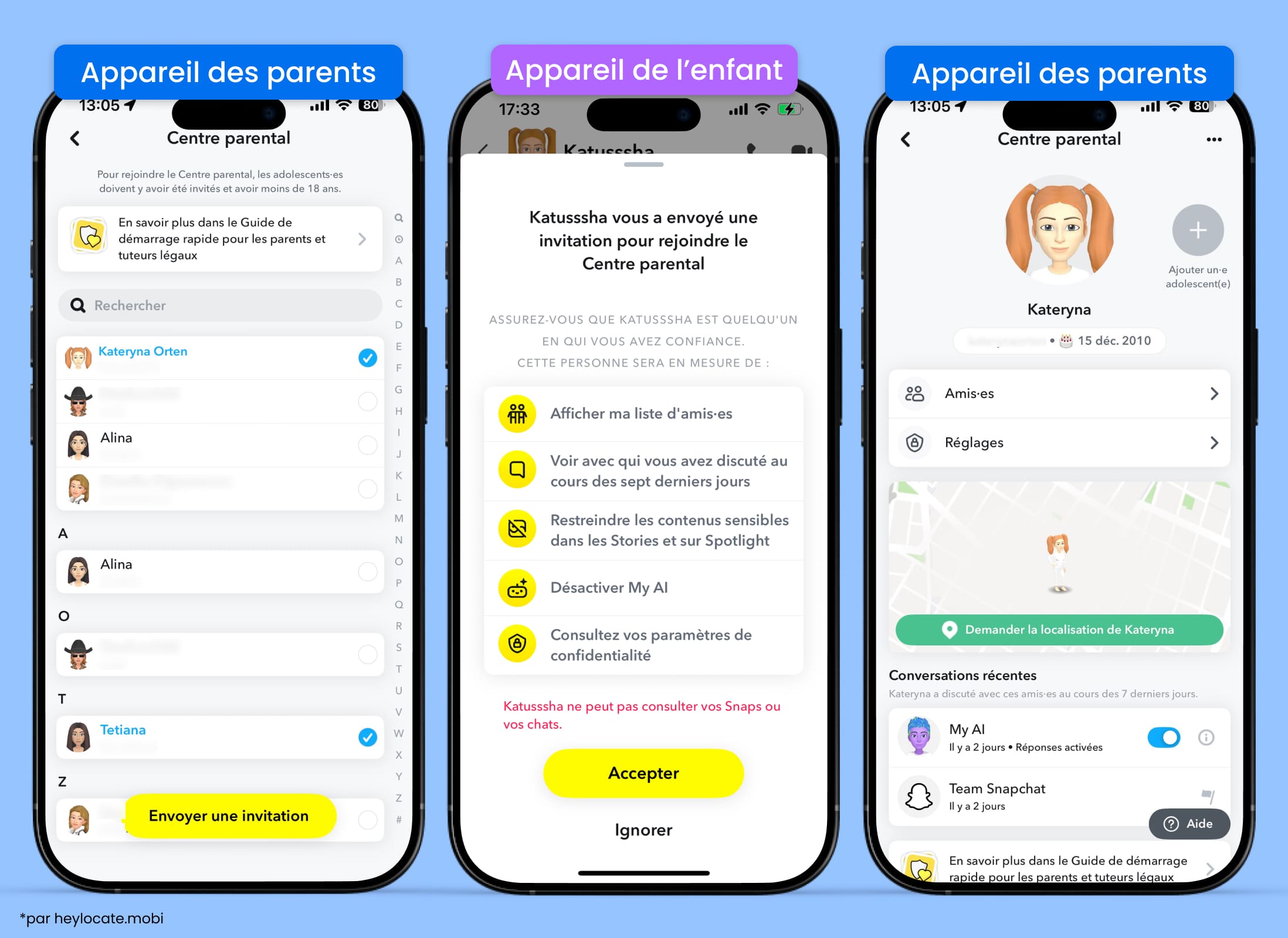 Écrans du Centre familial sur les appareils du parent et de l’enfant avec invitation et confirmation de participation.