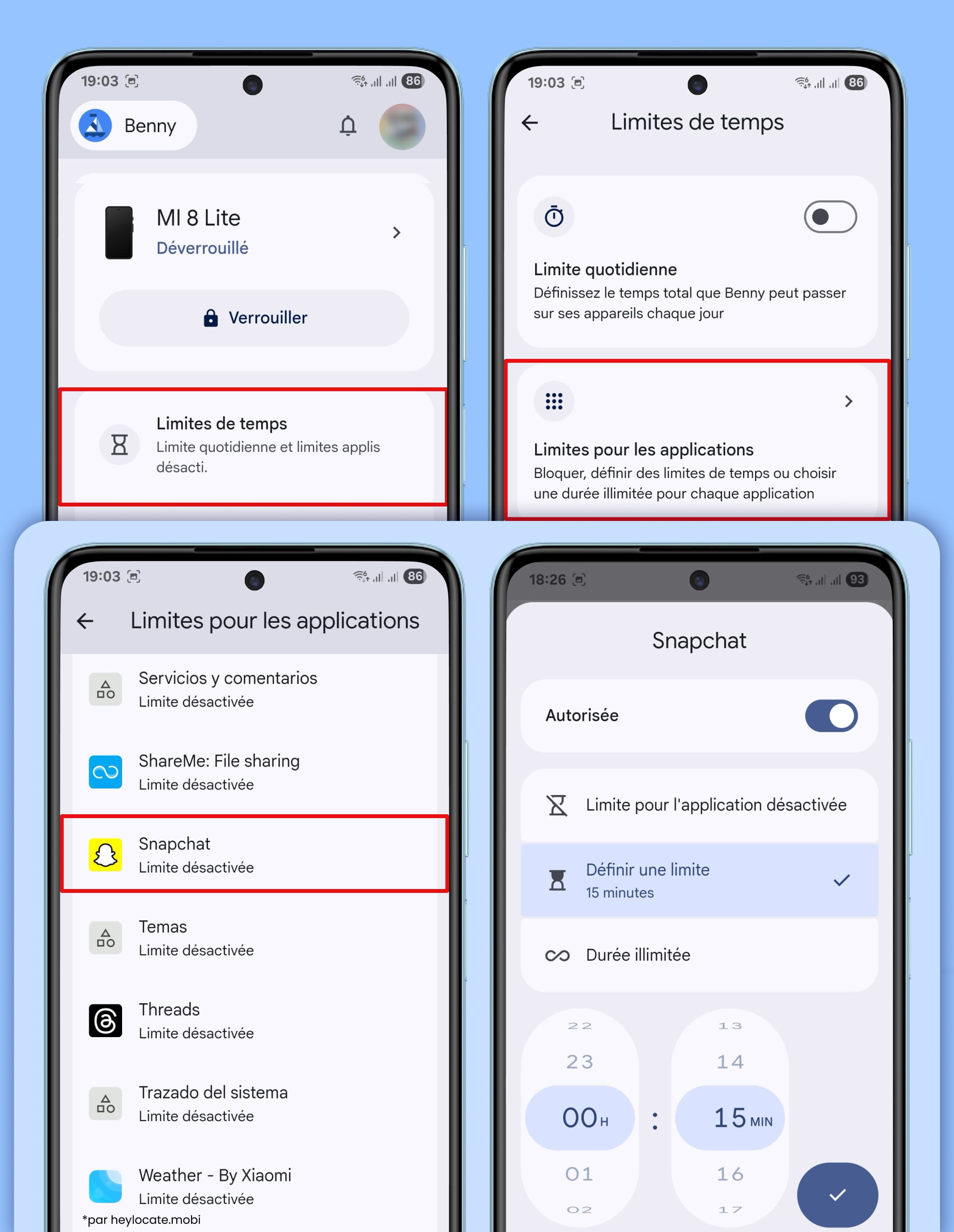 Définition des limites de temps et blocage de Snapchat.
