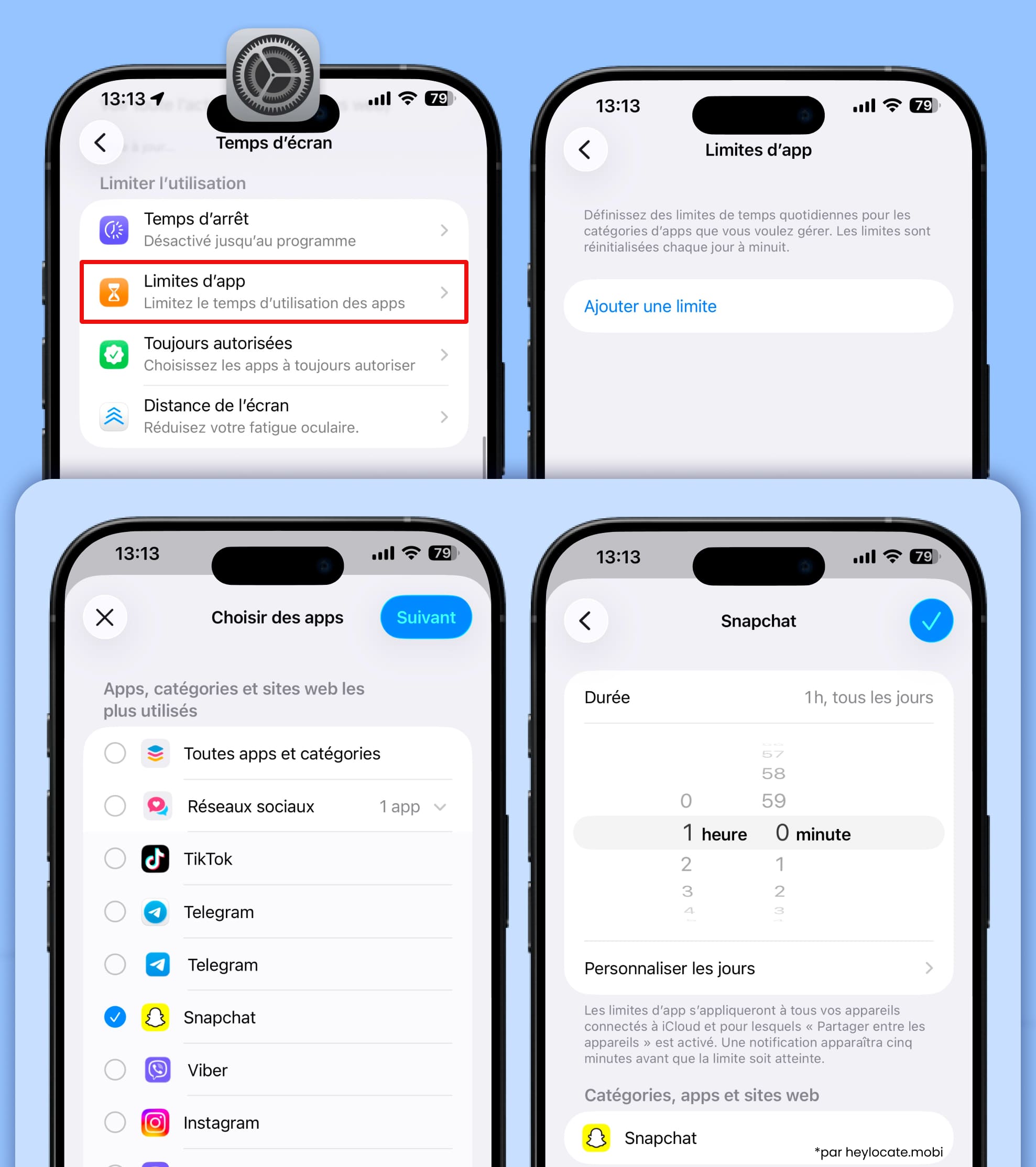 Ouvrez Temps d’écran, appuyez sur Limites d’apps, puis sur Ajouter une limite, sélectionnez Snapchat et définissez une limite de temps.
