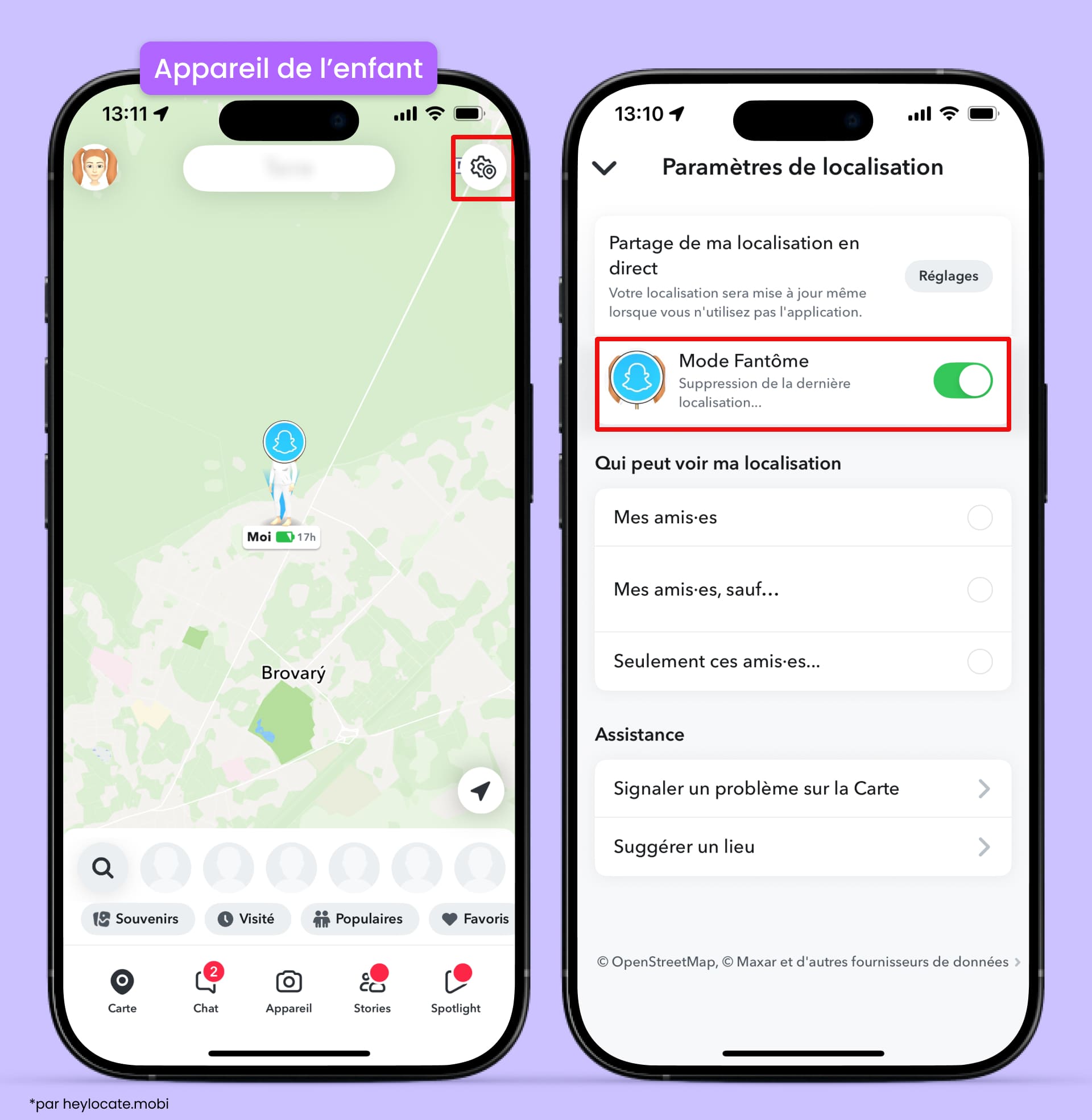 Ouvrez la Carte Snap dans Snapchat, appuyez sur l’icône des paramètres et activez le Mode fantôme.