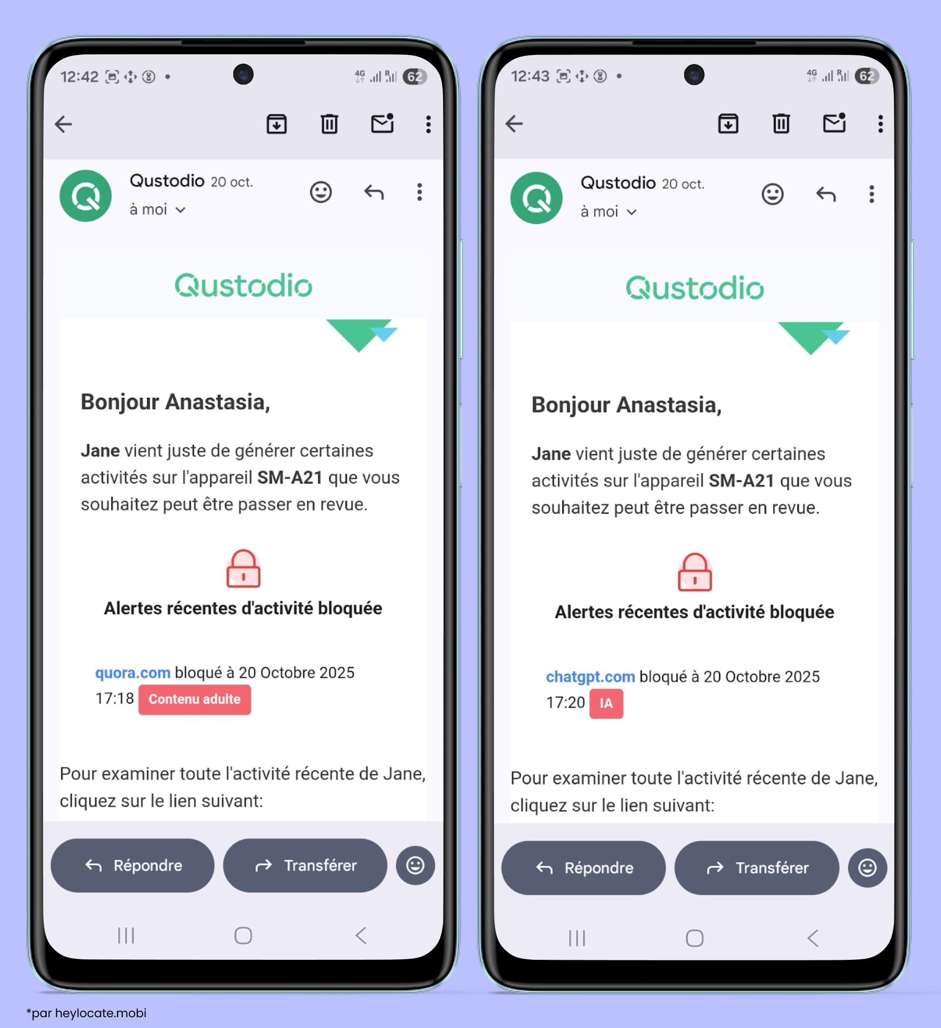 Notifications par e-mail de Qustodio concernant des tentatives bloquées d’accès aux sites ChatGPT et DeepAI sur les appareils des enfants.