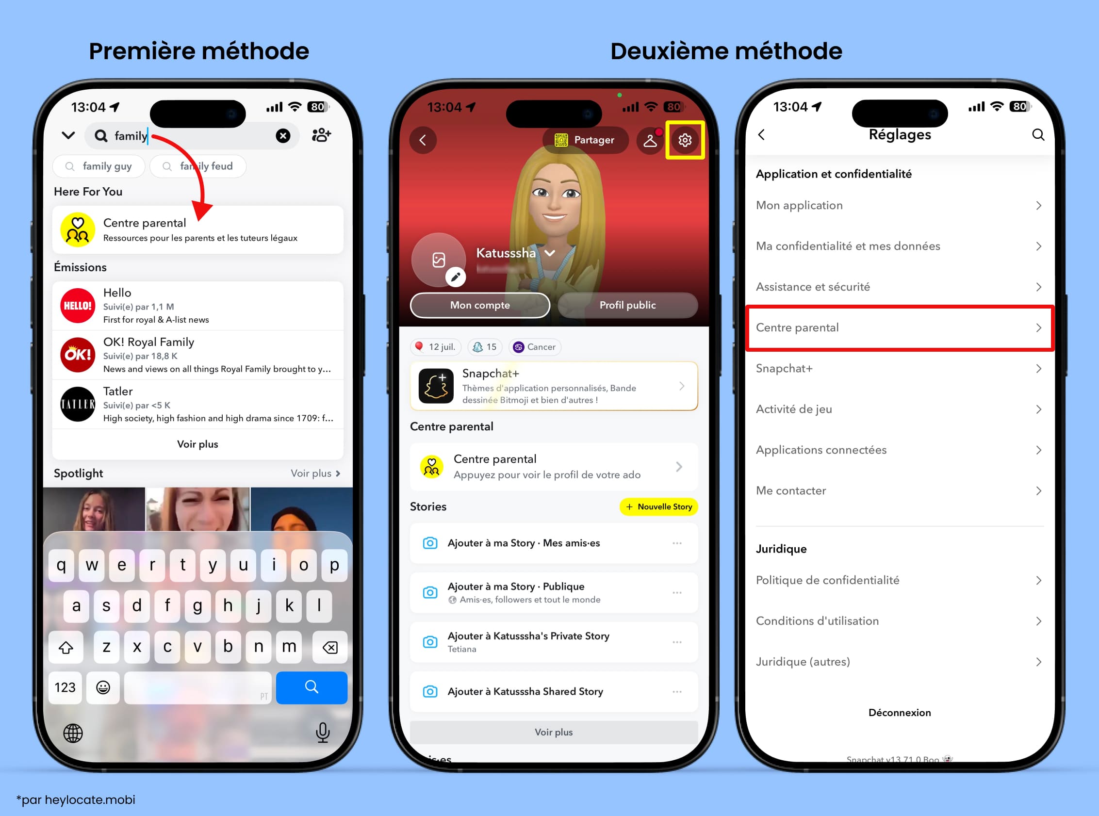 Il existe deux façons d’accéder au Centre familial dans Snapchat : via la recherche et via les paramètres de l’application.