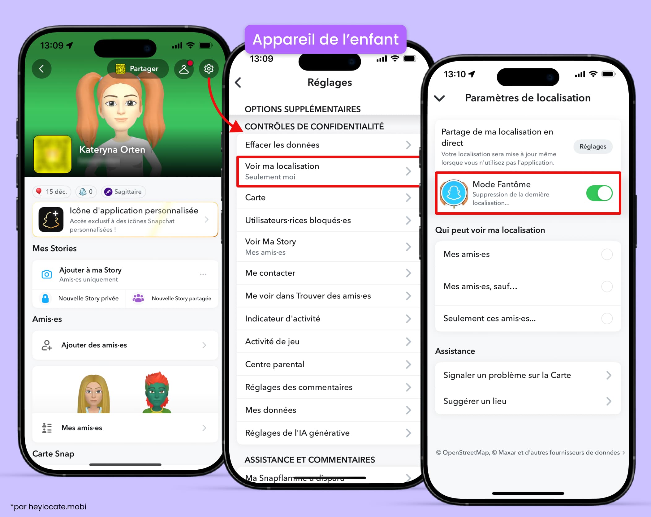Ouvrez le profil dans Snapchat, allez dans Paramètres, puis Contrôles de confidentialité, Voir ma position et activez le Mode fantôme.