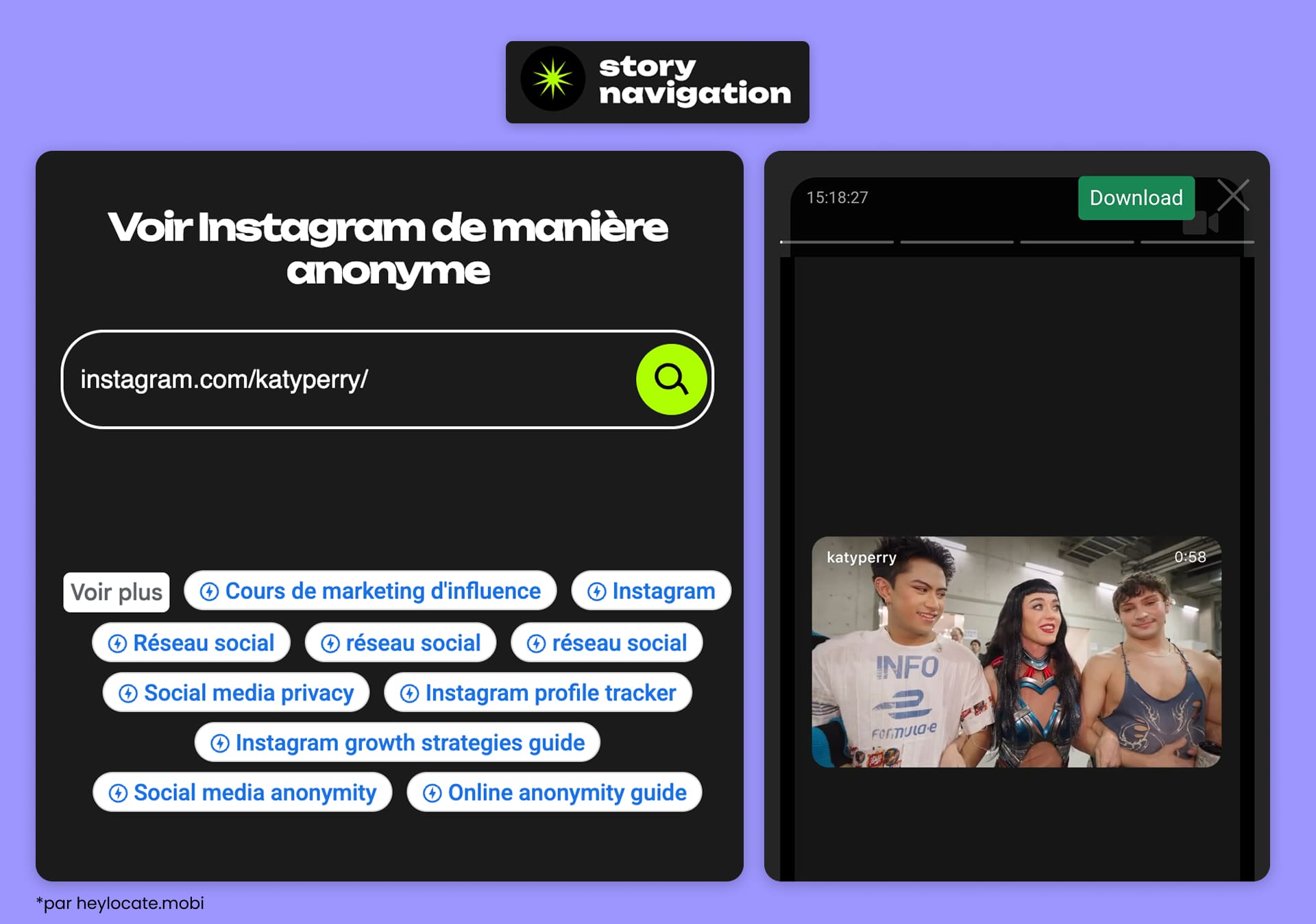 Interface de StoryNavigation avec une barre de recherche et un exemple d’une story publique avec un bouton de téléchargement.