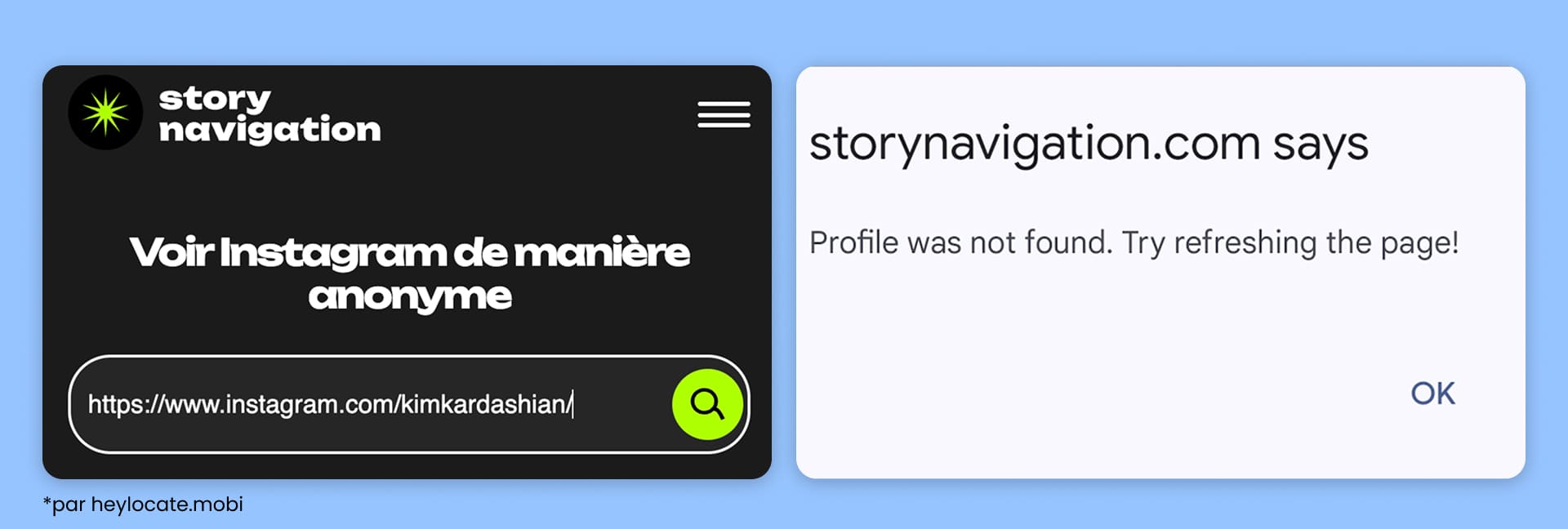 Tentative de consulter un profil Instagram anonymement et erreur de chargement.