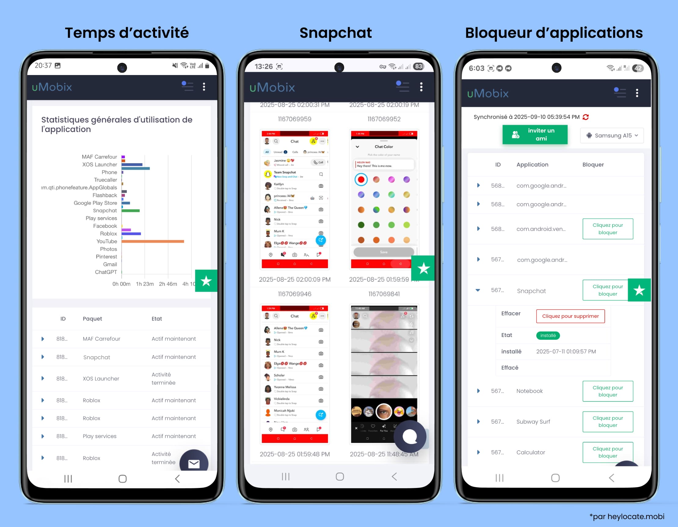Écran uMobix affichant les statistiques d’utilisation des applications, la consultation de captures Snapchat et l’option de blocage des apps.