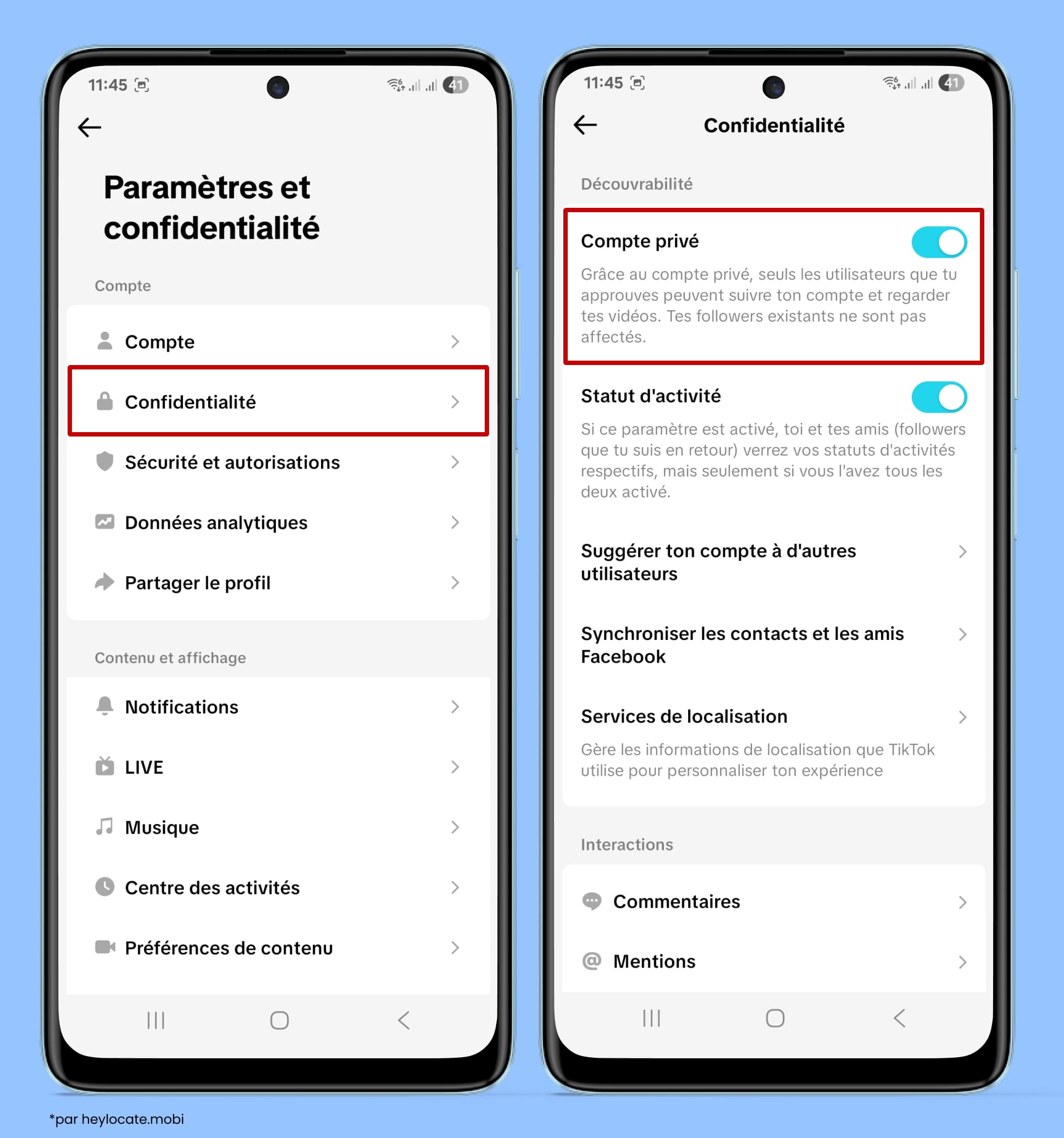 Menu (trois lignes) : Paramètres et confidentialité - Confidentialité - activez Compte privé.