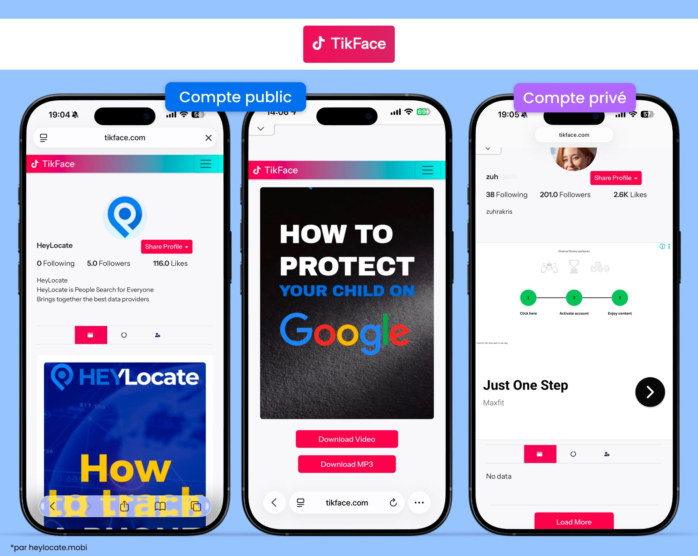 Affichage des informations d’un profil public, et détection d’un profil privé, mais sans informations.