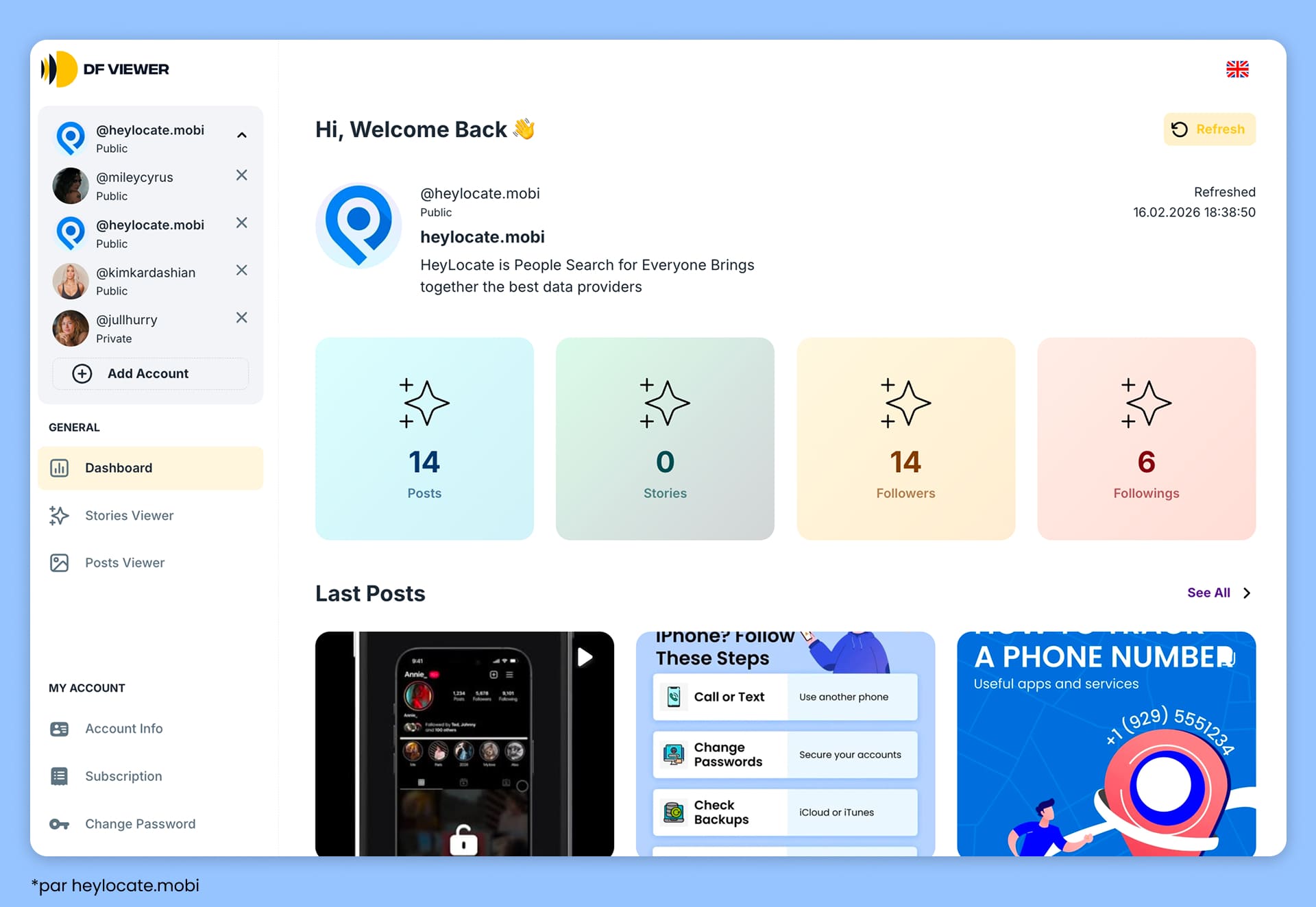 Sur la page principale de votre compte, vous pouvez voir les comptes ajoutés, un tableau de bord avec les publications et stories, le nombre d’abonnés et d’abonnements, ainsi que les paramètres du compte.