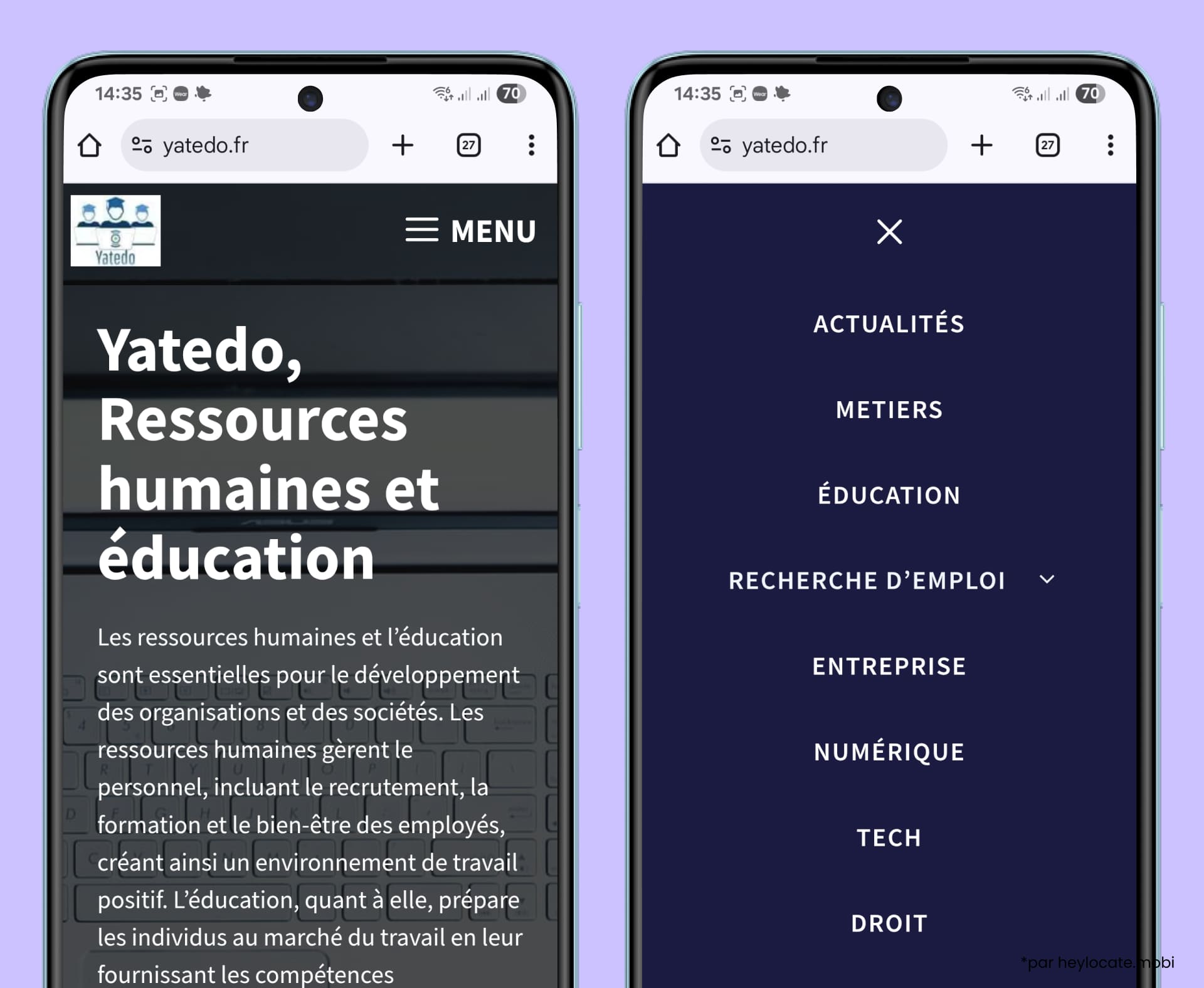 Site Yatedo affichant des catégories professionnelles et des informations liées aux entreprises.