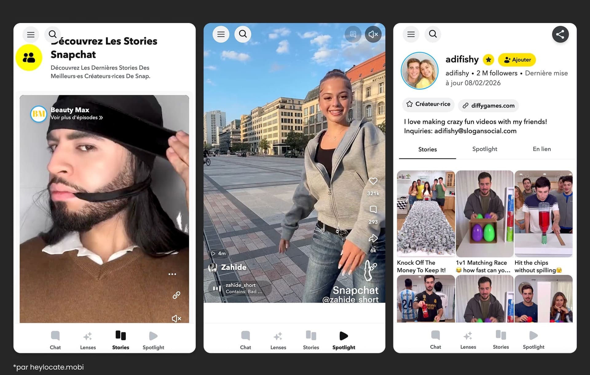 Onglets : Stories, Spotlight et stories sur la page d’une personne spécifique.