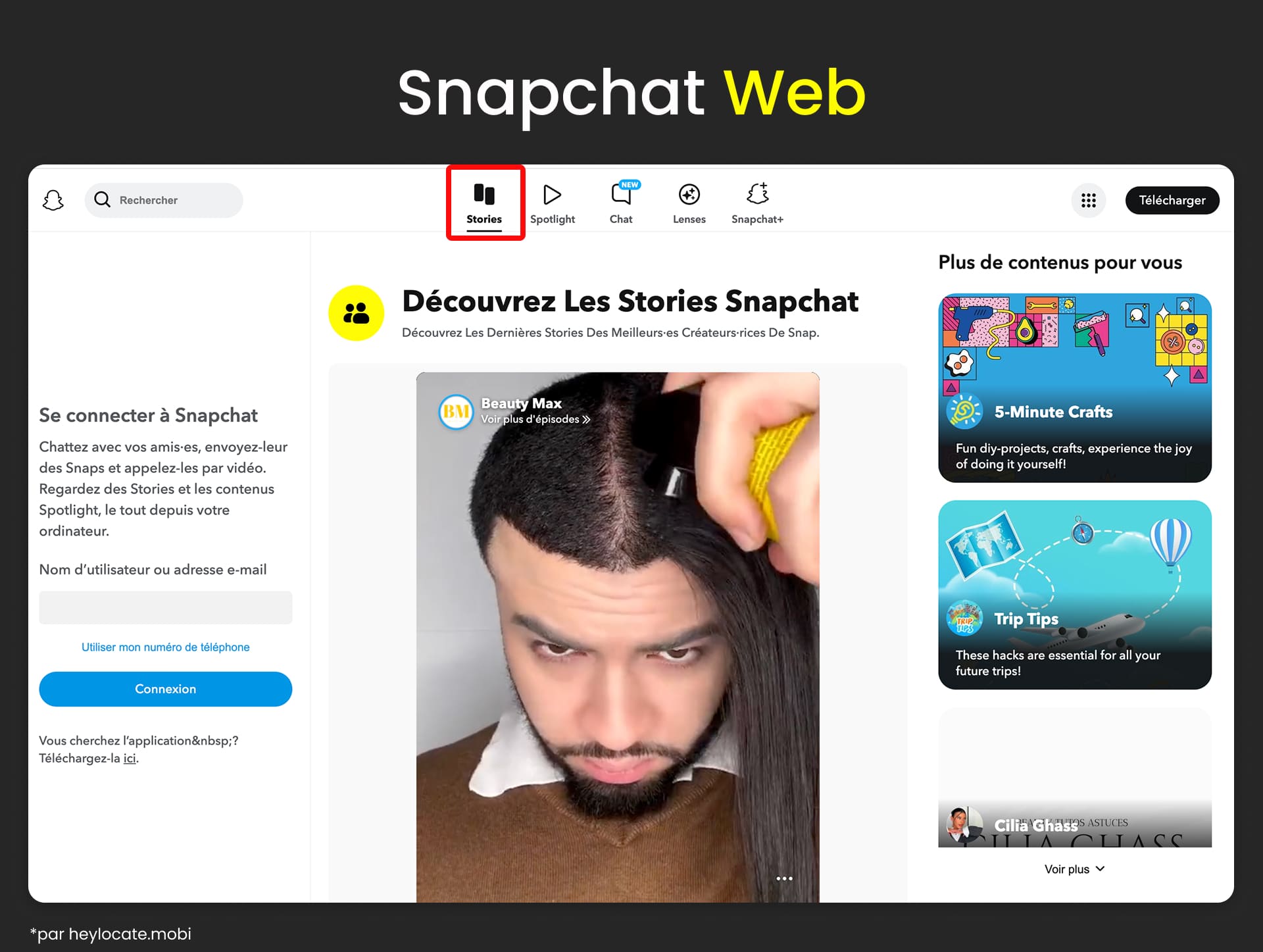 Page d’accueil du site Snapchat avec la section Stories mise en évidence.
