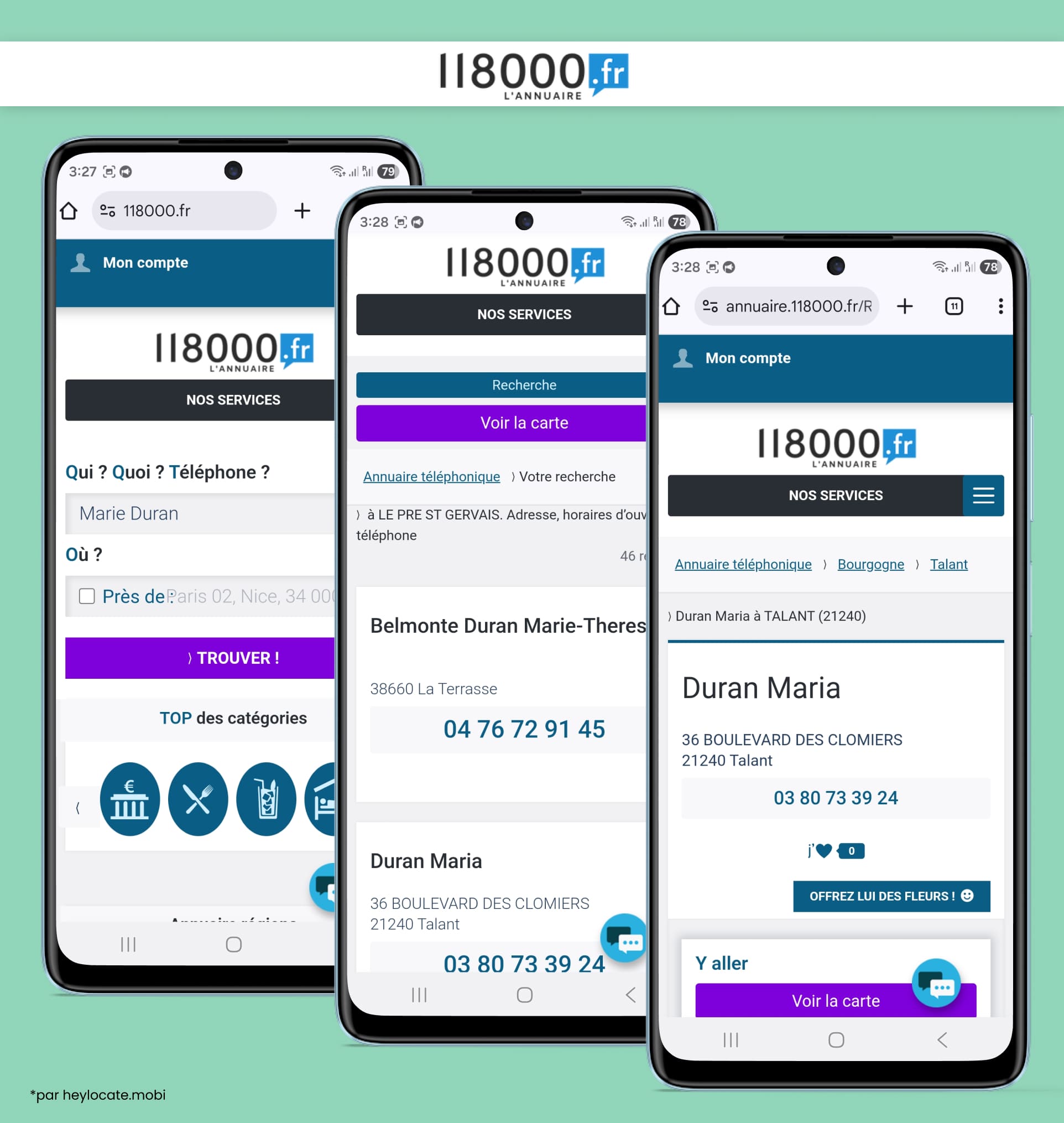 Site 118000.fr affichant des résultats de recherche avec adresses et numéros de téléphone.