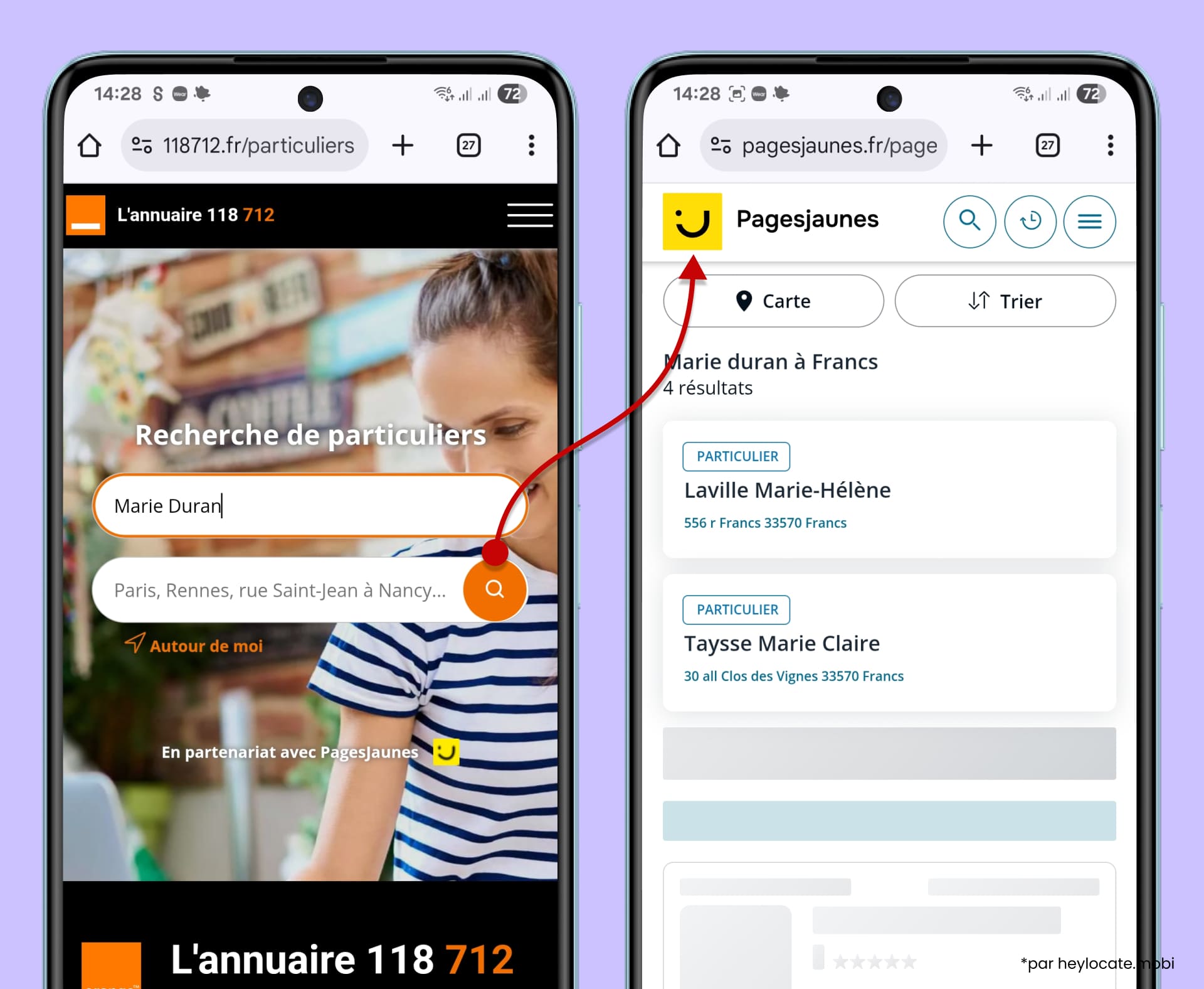 Site 118712.fr affichant une page de recherche de personnes avec des résultats associés provenant d’annuaires partenaires (PagesJaunes).