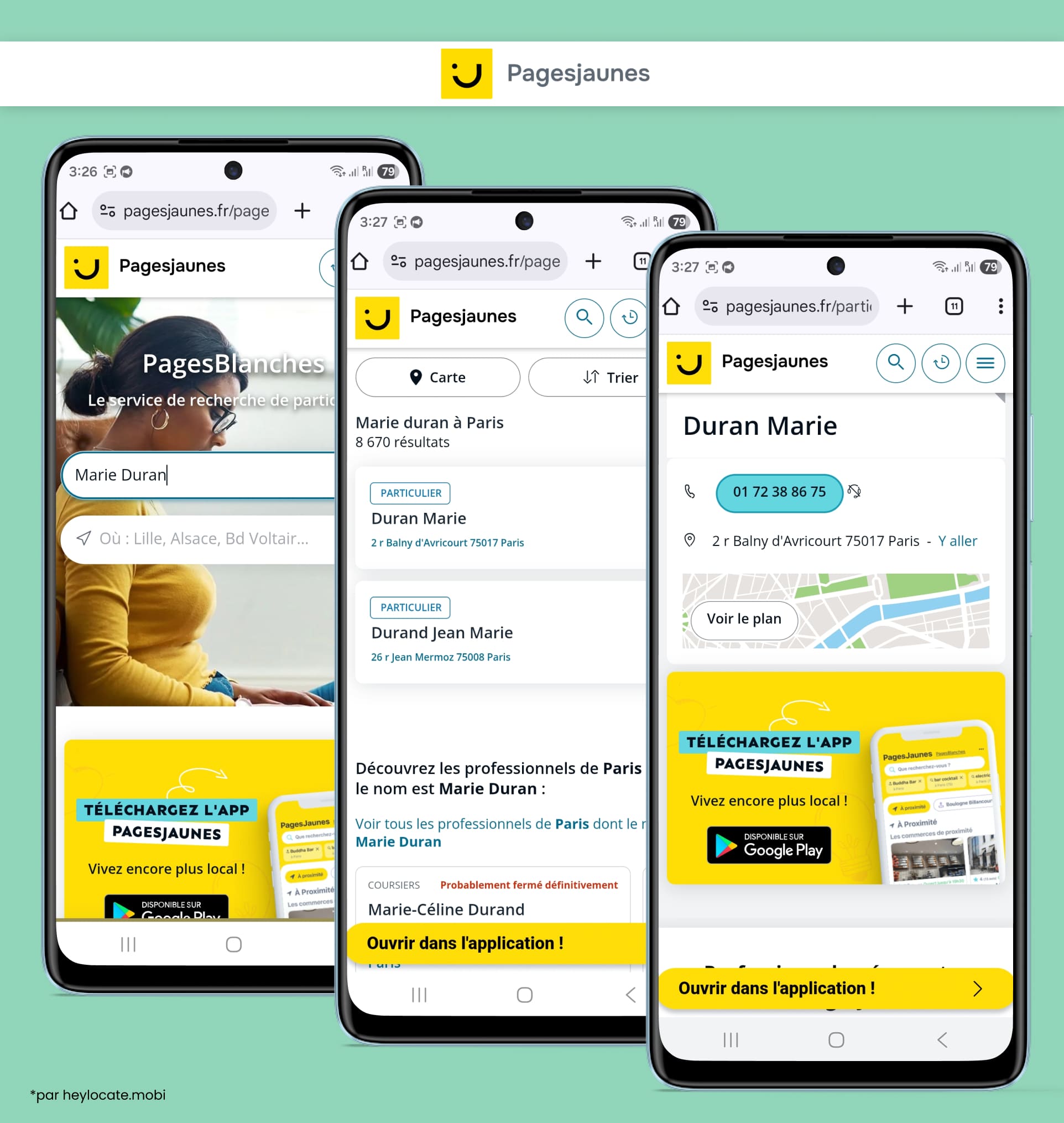 Site PagesJaunes affichant des résultats de recherche de personnes avec coordonnées et options de carte.