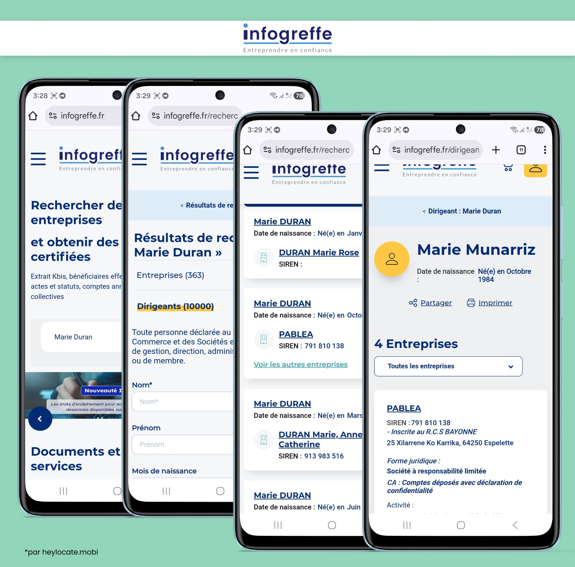 Site Infogreffe présentant des résultats de recherche avec informations sur l’entreprise et détails sur les dirigeants.