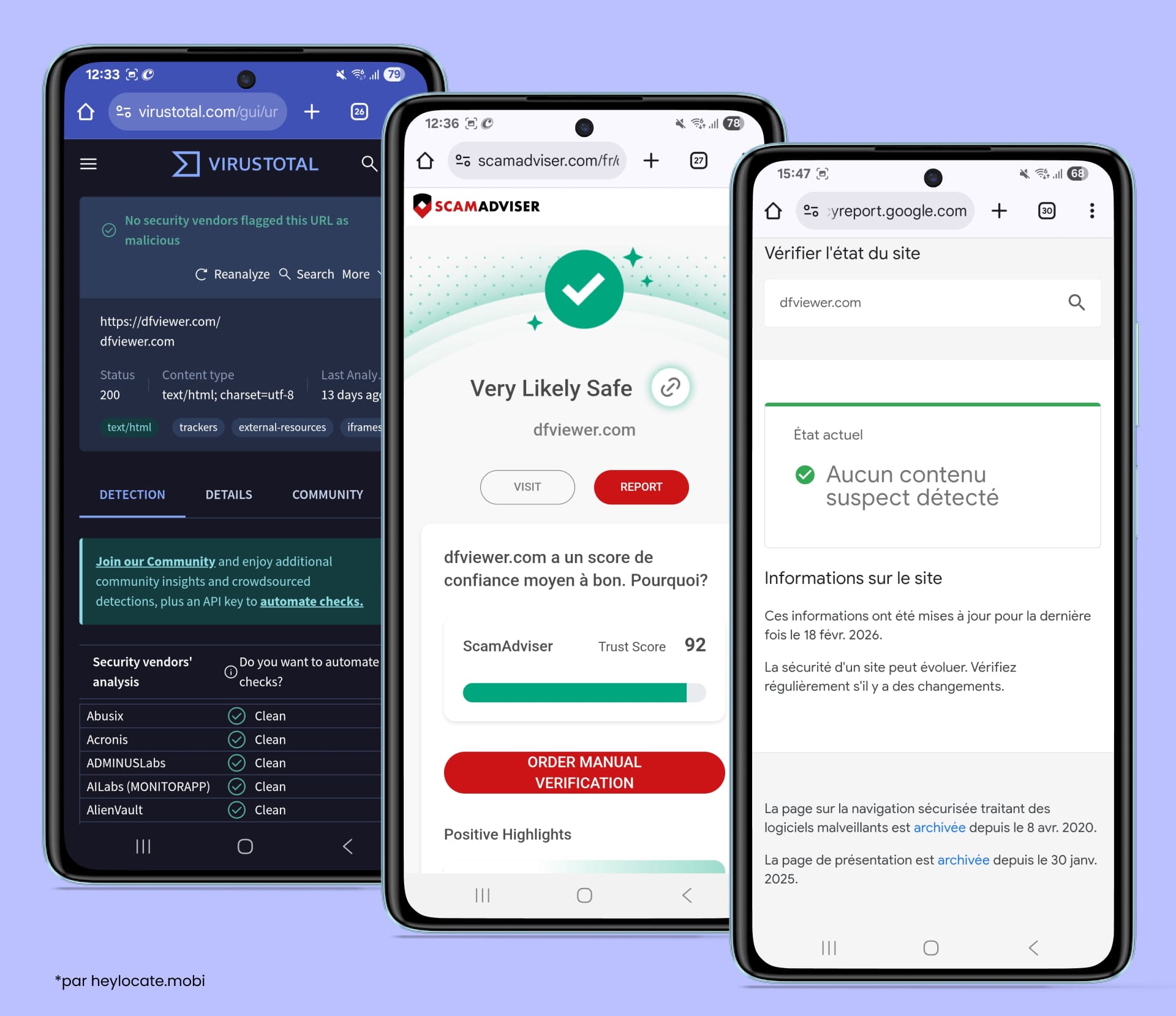 Captures d’écran de VirusTotal, ScamAdviser et Google Safe Browsing montrant des contrôles de sécurité sans malware détecté, avec un score de confiance élevé et aucun contenu dangereux.