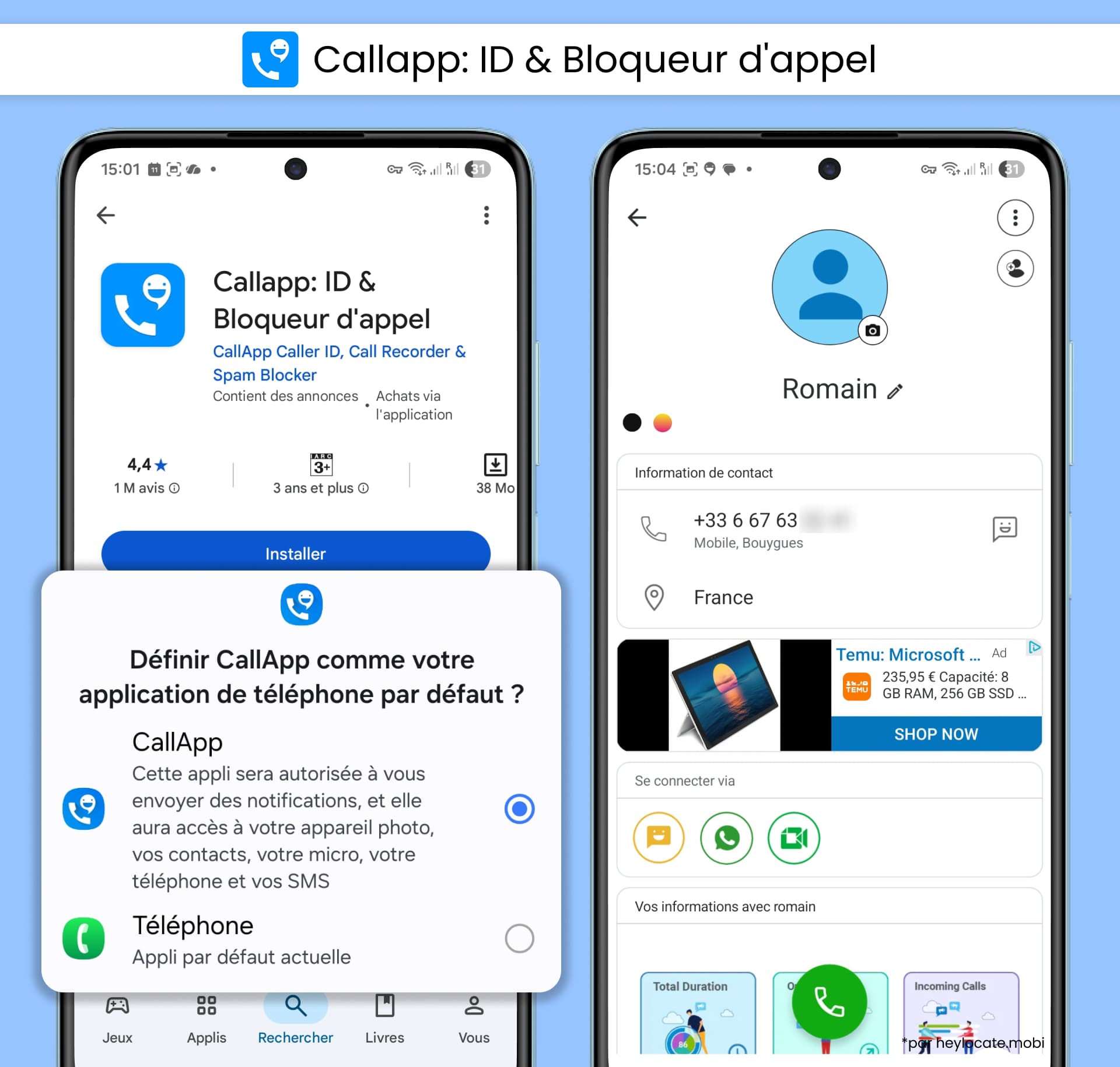 CallApp - Identificateur d'appels pour Android affiche les résultats d'une recherche inversée par numéro de téléphone.