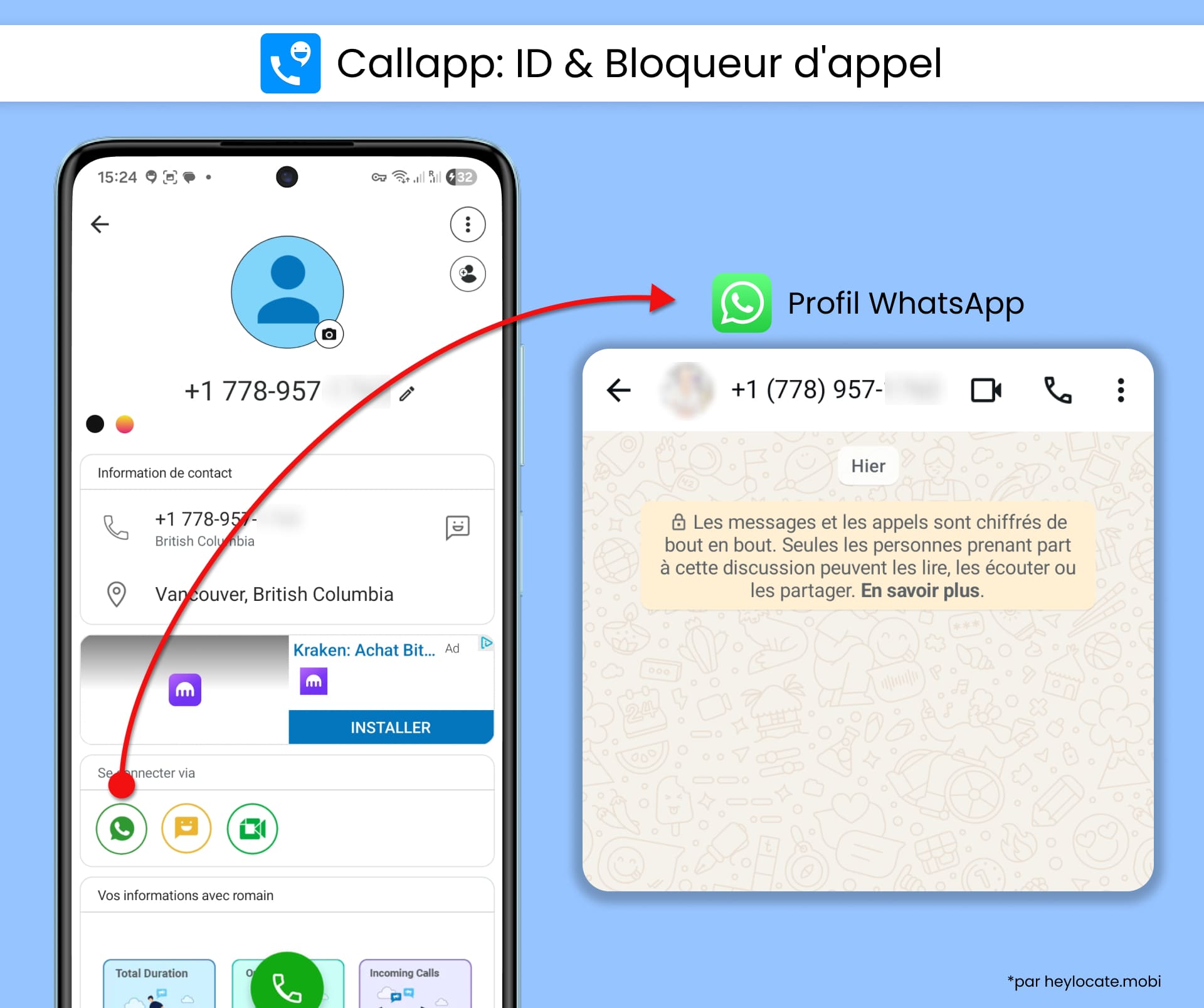 CallApp - Identificateur d'appels pour Android affiche un résultat de recherche inversée par numéro de téléphone permettant d'ouvrir le profil WhatsApp associé à ce numéro.