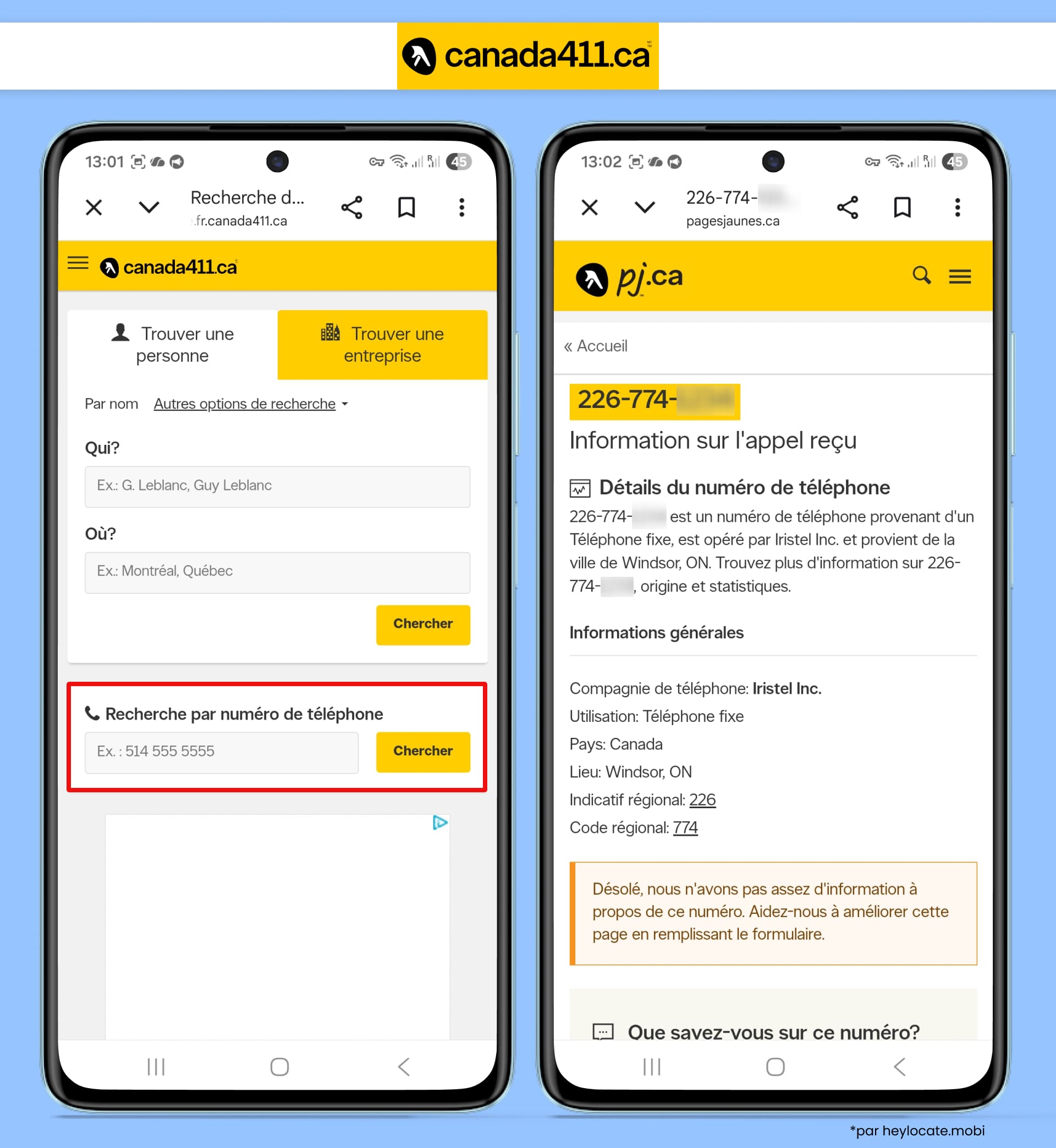 canada411 affiche une recherche par numéro de téléphone avec des informations générales sur la ligne et sa localisation.