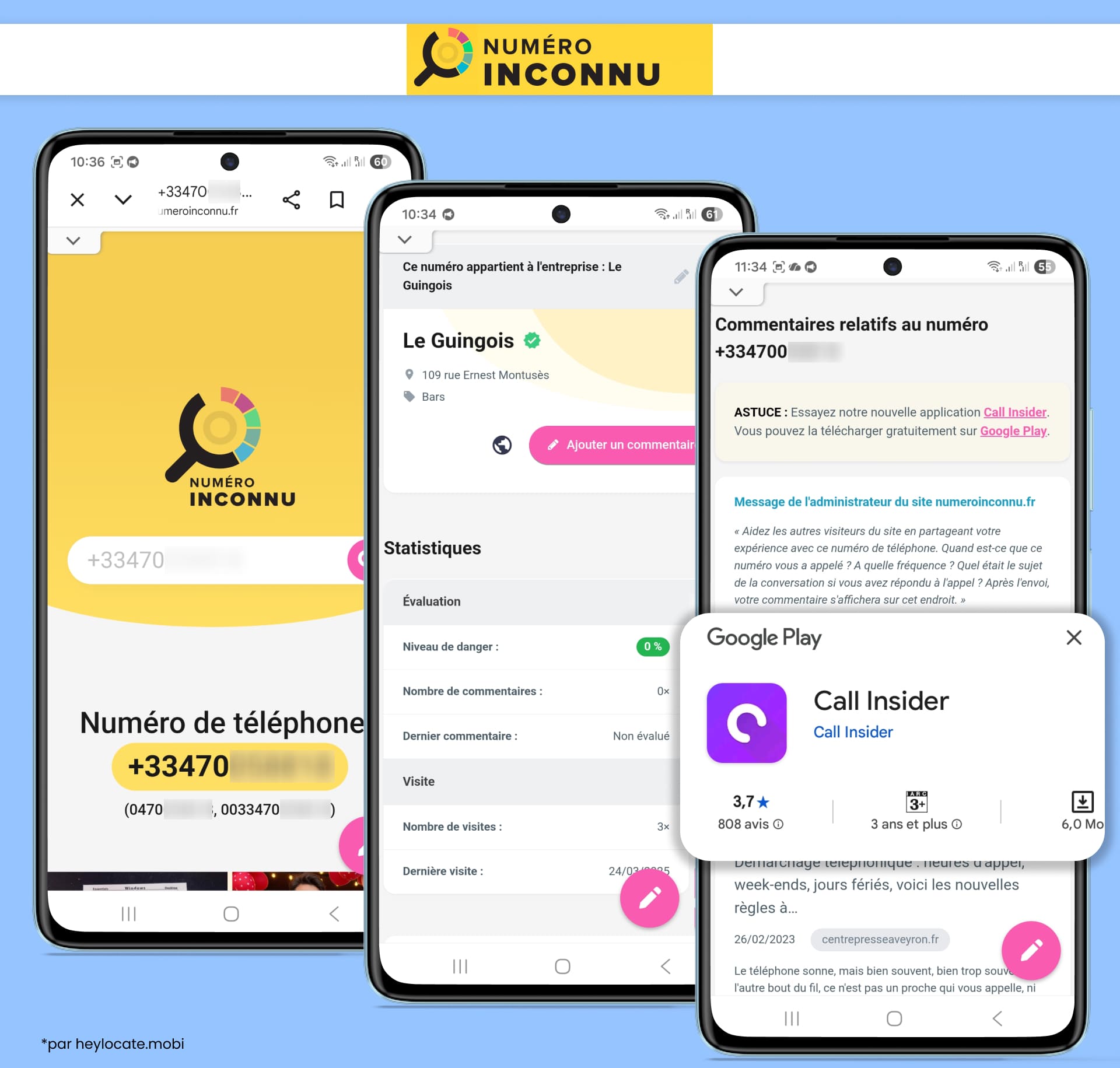 Numéro Inconnu affiche une recherche de numéro avec une fiche d’entreprise, des statistiques et des commentaires liés au numéro recherché.