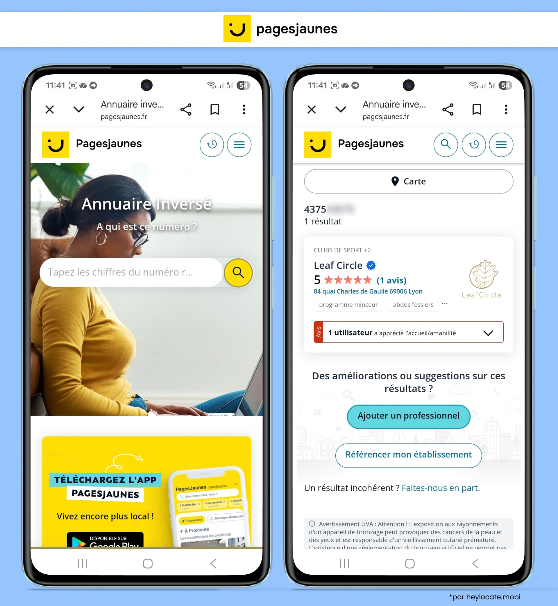 PagesJaunes affiche une recherche dans l’annuaire inversé avec un résultat d’établissement associé au numéro recherché.