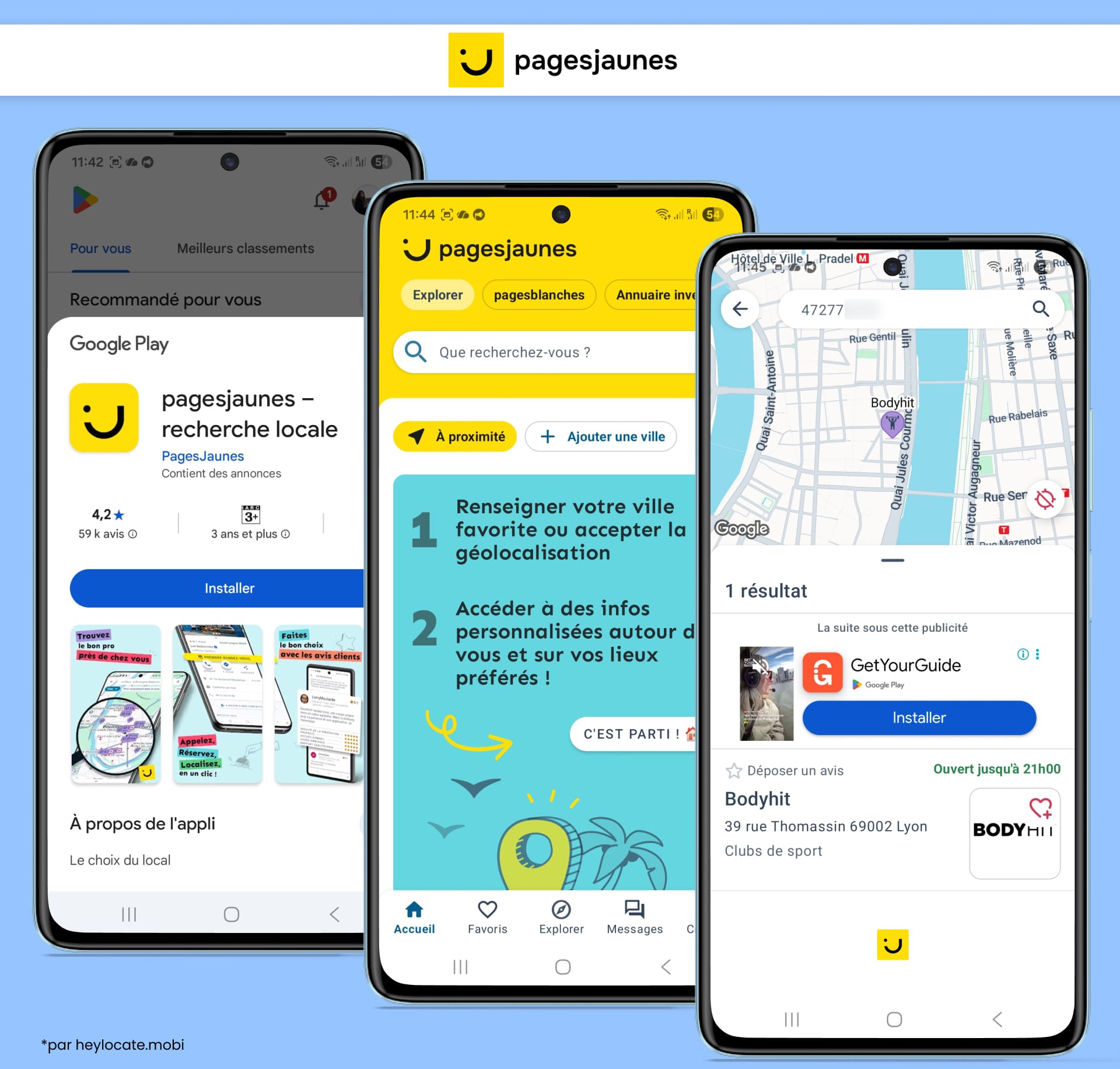 PagesJaunes montre une application de recherche locale avec des résultats de lieux et d’entreprises.