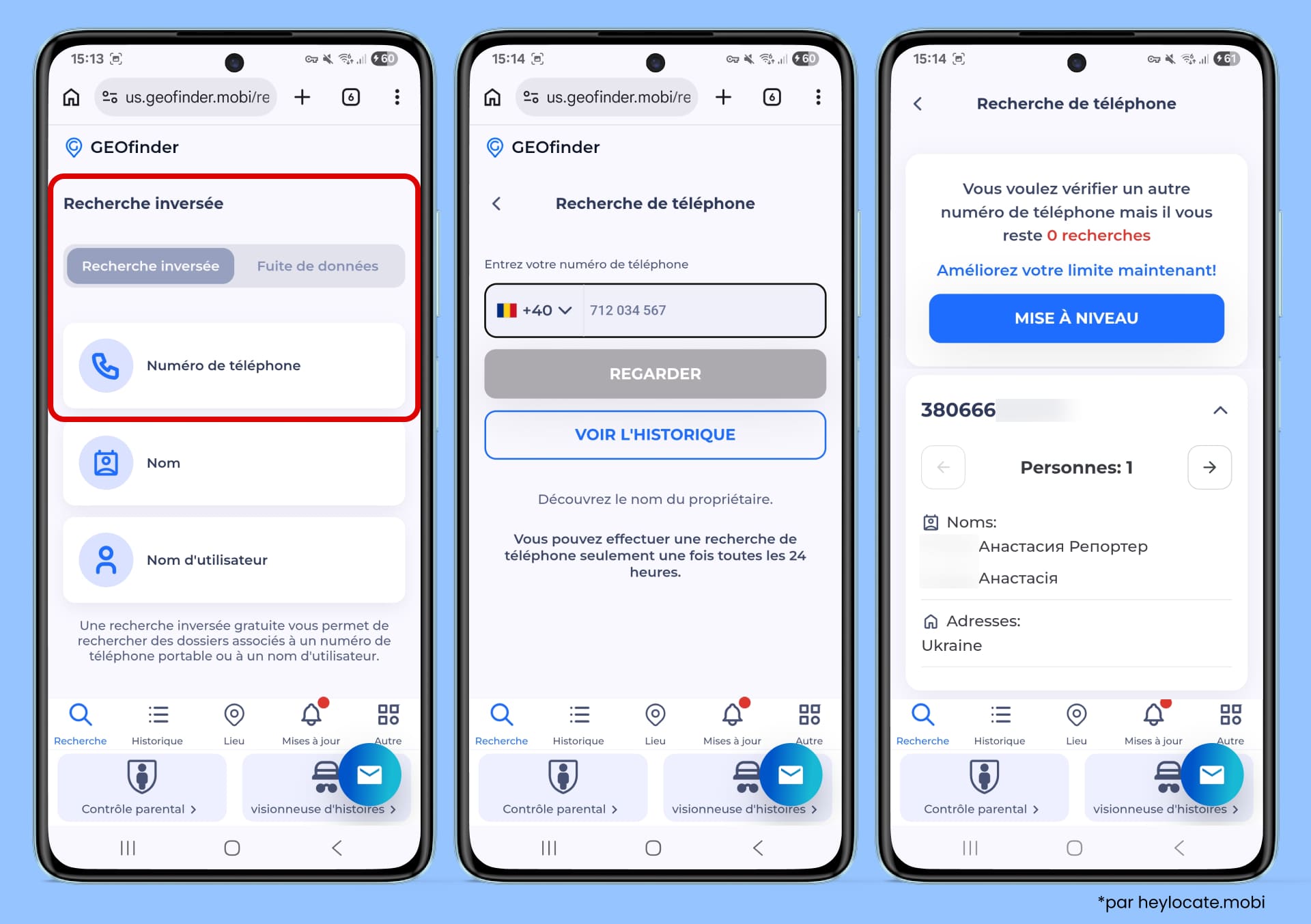 Sélectionnez Numéro de téléphone dans Recherche inversée, saisissez le numéro et obtenez le résultat.