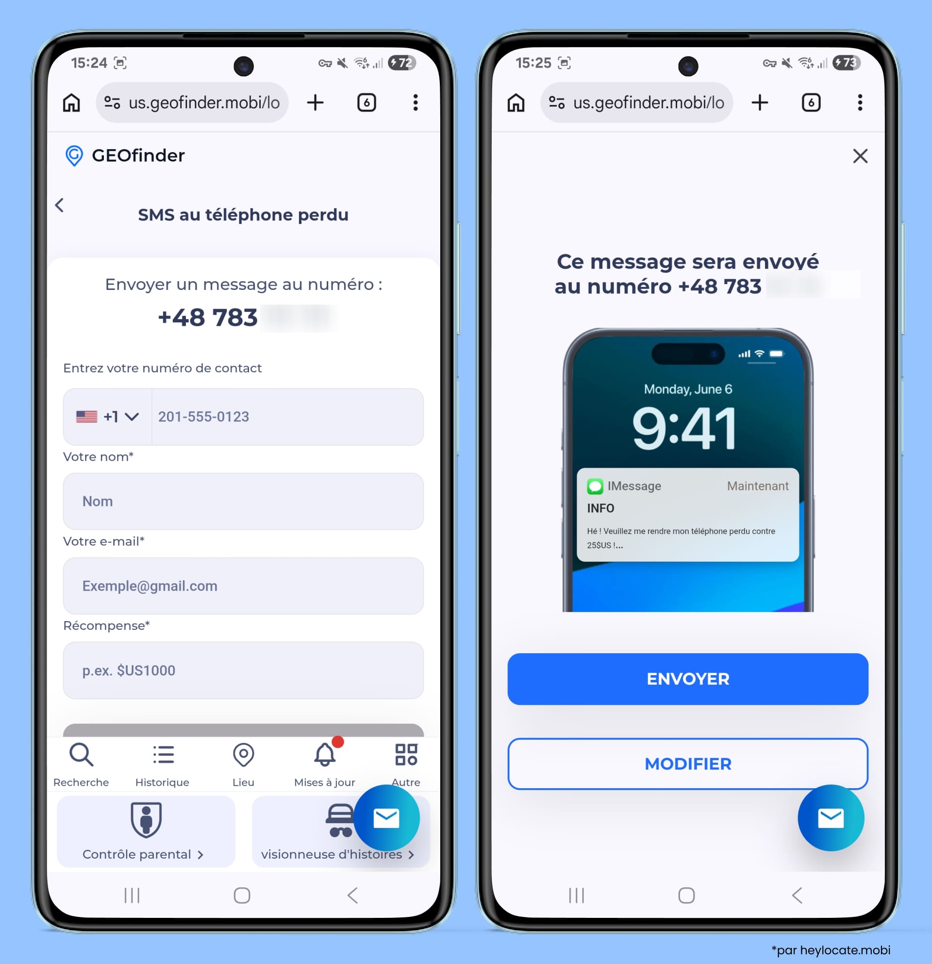 Saisissez votre numéro de téléphone, votre nom, votre message, le montant de la récompense, puis cliquez sur Envoyer.
