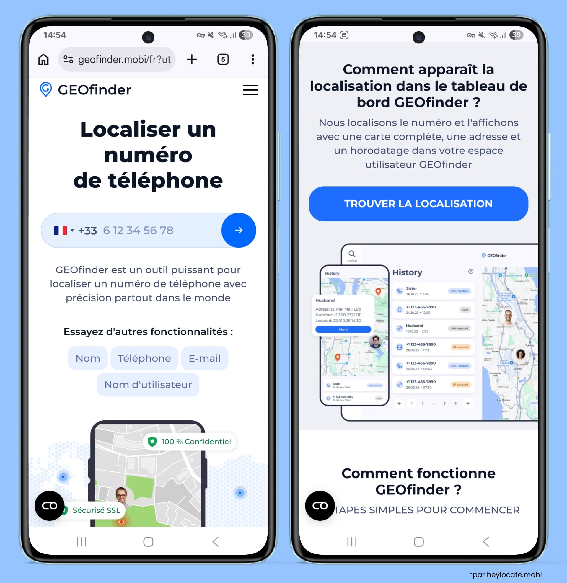 Captures d’écran du site du traceur de numéro de téléphone GEOfinder.mobi.