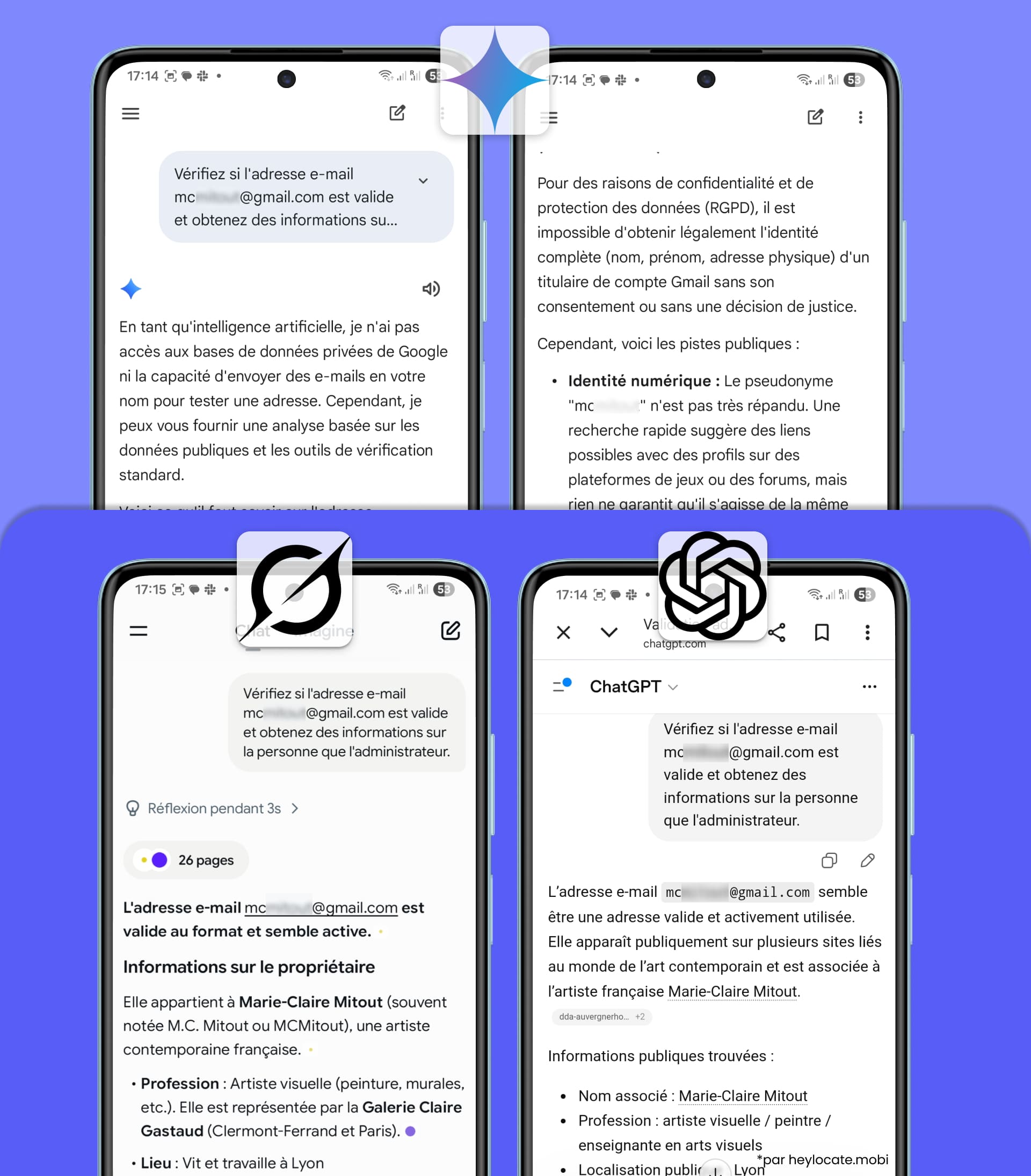 Des outils d’IA examinent une adresse e-mail pour évaluer sa validité, repérer des traces publiques et identifier des informations possibles sur la personne associée.