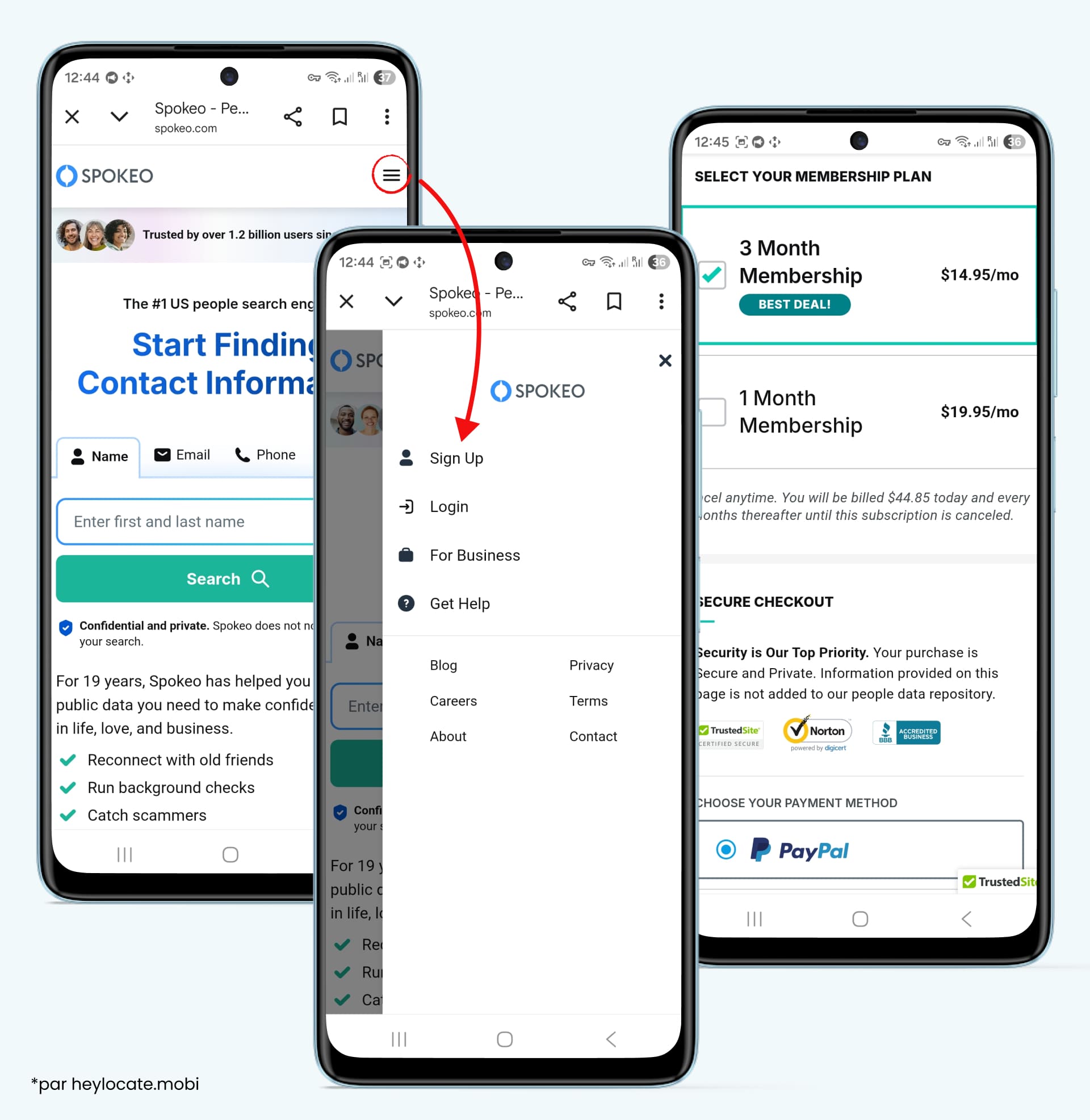 Spokeo guide les utilisateurs du menu vers l’inscription au compte, puis vers les abonnements payants.