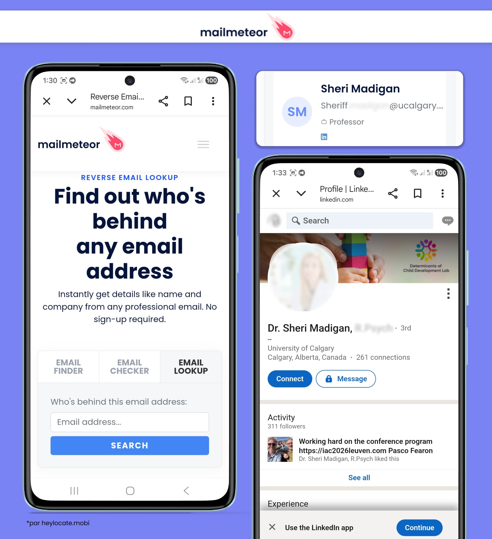 Mailmeteor identifie le propriétaire d’une adresse e-mail professionnelle et associe le résultat à un profil LinkedIn correspondant.