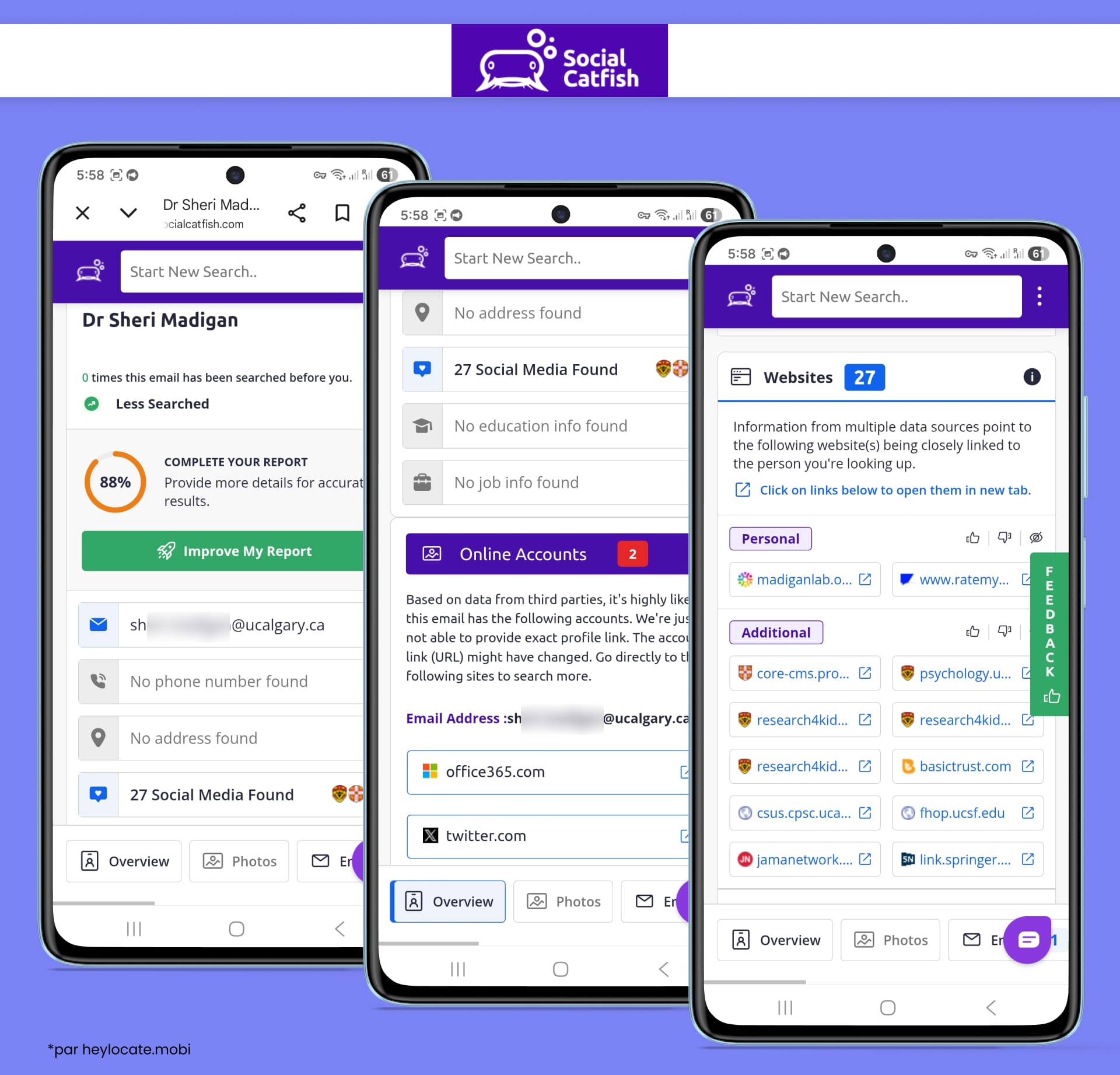 Rapport Social Catfish affichant un e-mail recherché, des comptes en ligne, des profils sociaux trouvés et une liste de sites liés à l’identité repérée.