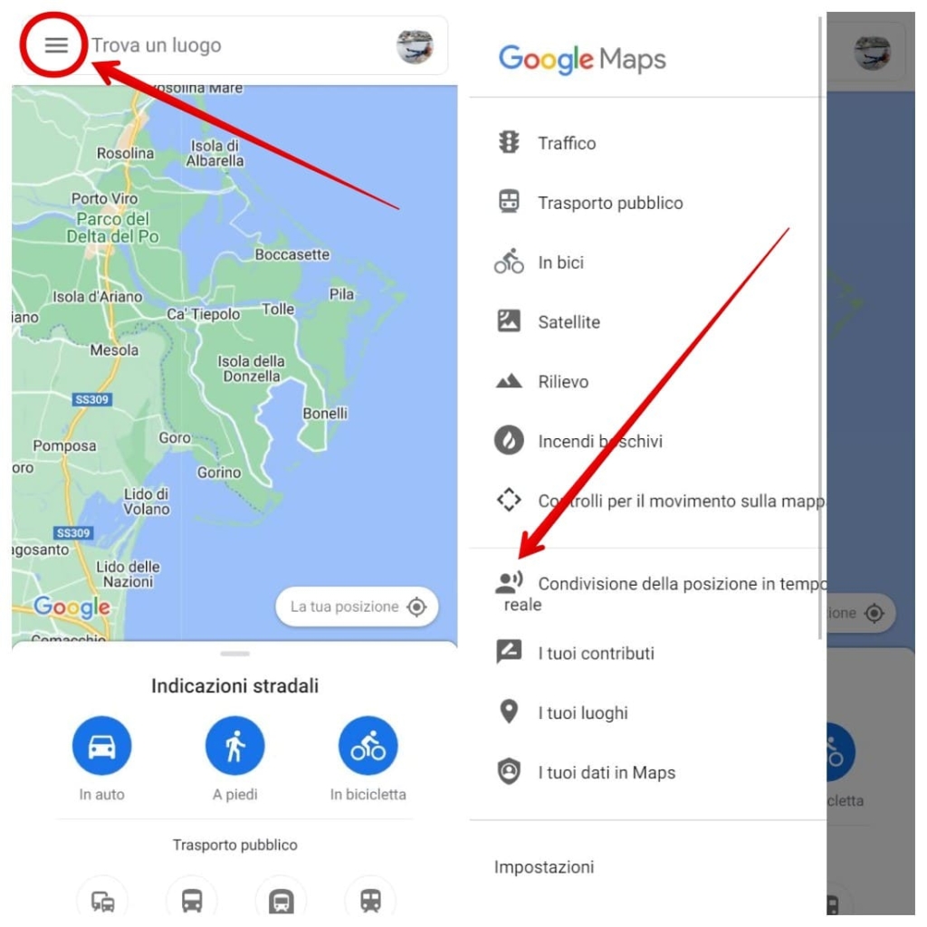 Passare al menu di Google Maps, scheda Condivisione posizione