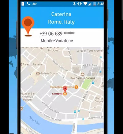 screenshot mobile dell'applicazione Mobile Number Locator per la localizzazione GPS dei numeri di telefono da Droid Developer
