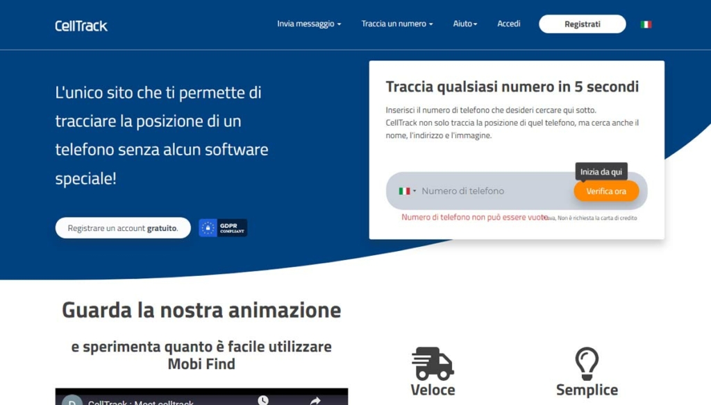 schermata del desktop della homepage dell'applicazione Celltrack