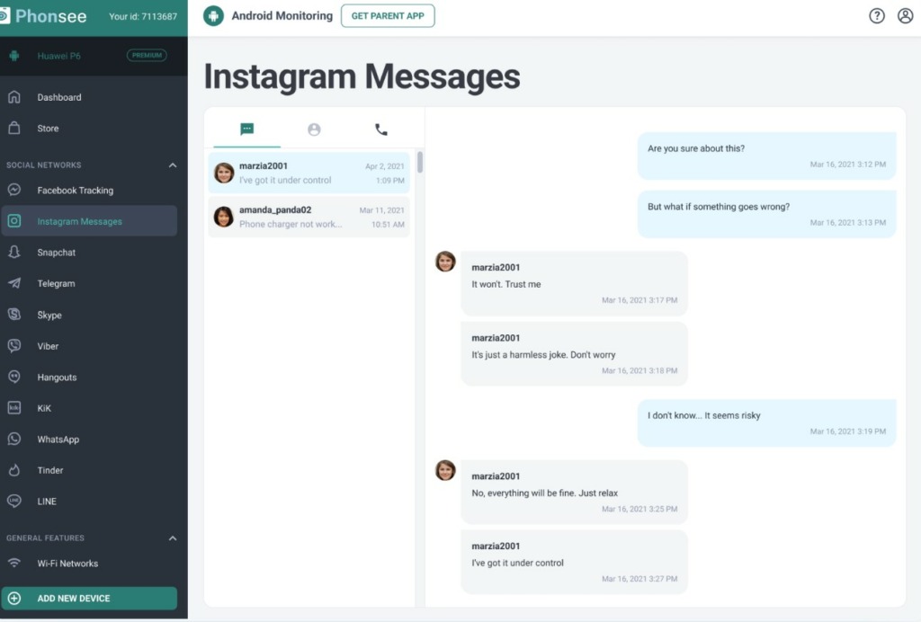 Rapporto dell'app di monitoraggio Phonsee sullo screening di Instagram messenger