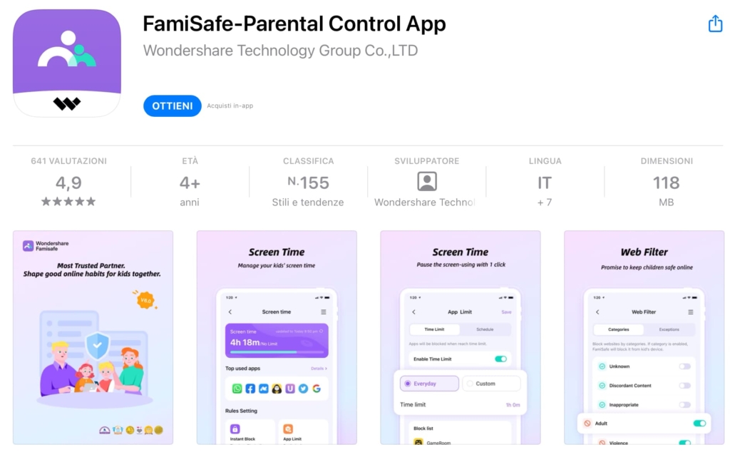 Schermata dell'applicazione Famisafe per il controllo parentale