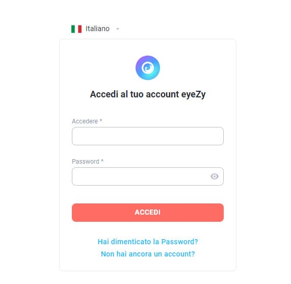 eyezy inserire l'e-mail e la password per accedere