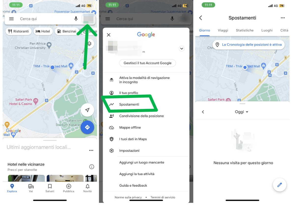 Tre schermate di una ricerca su Google Maps per il vostro telefono con il vostro account e una cronologia della vostra posizione esatta