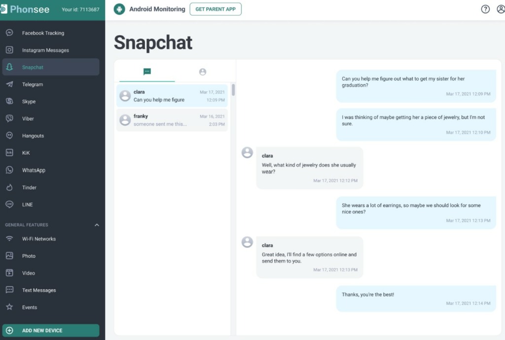 La pagina del monitoraggio delle conversazioni su Snapchat sulla dashboard di Phonsee