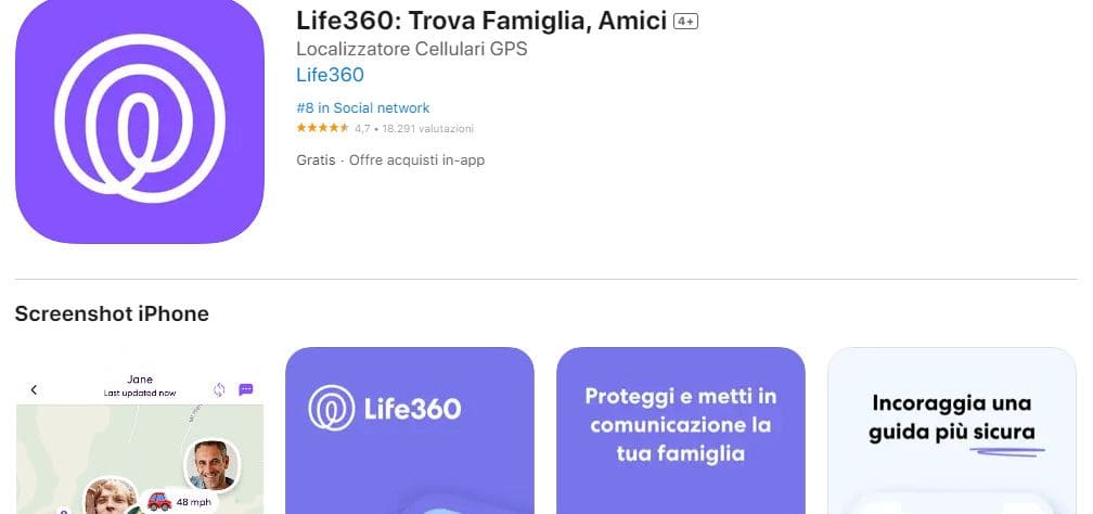 Schermata della pagina dell'app Life360 in Playmarket