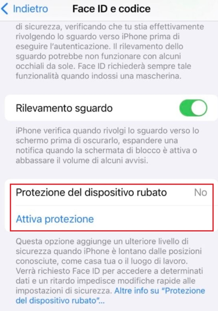 Un'immagine dell'attivazione della protezione per dispositivi rubati su iPhone